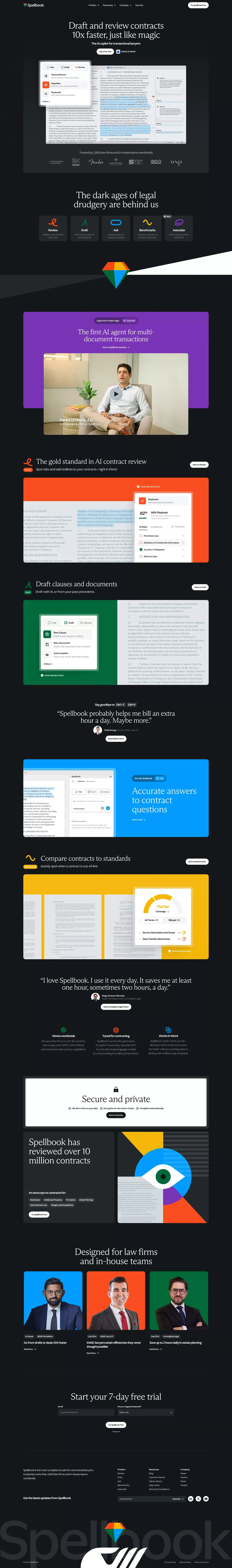Spellbook - AI Contract Review & Draftin landing page screenshot showcasing AI and Tech design