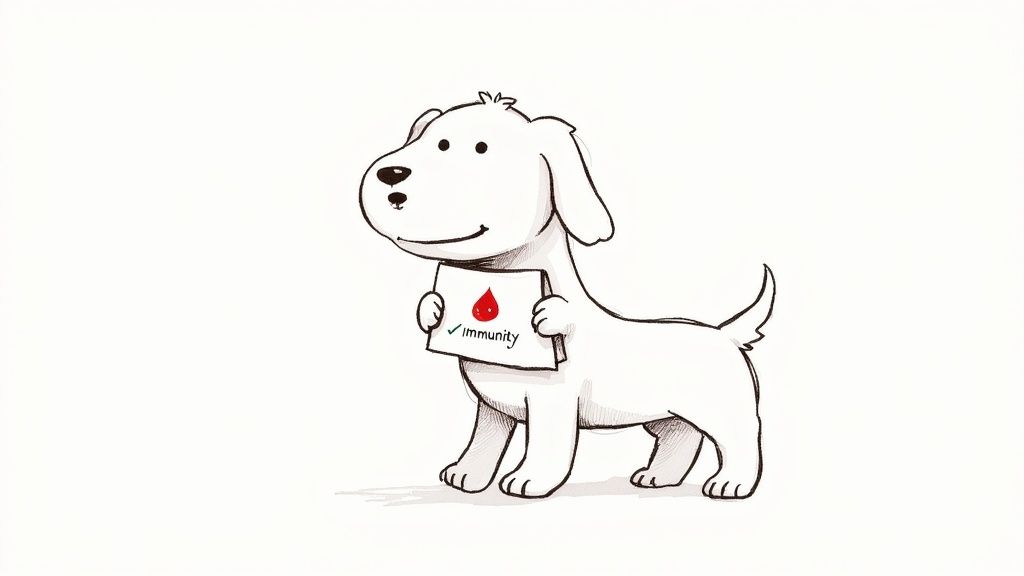 A happy cartoon dog holds a sign displaying a red blood drop and 'IMMUNITY' with a checkmark.