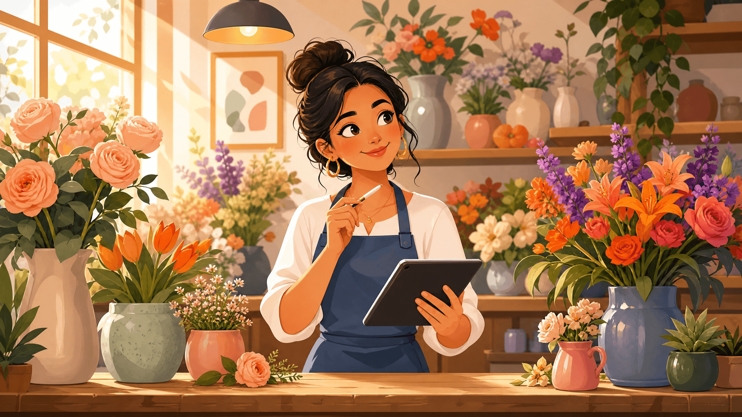 A friendly female florist in a sun-drenched flower shop stands behind a wooden counter. She is holding a tablet and taking notes in a book, symbolizing the collection of customer questions for her FAQ page. The scene is rendered in warm golden tones, soft oranges, and blues, creating an inviting and professional atmosphere.