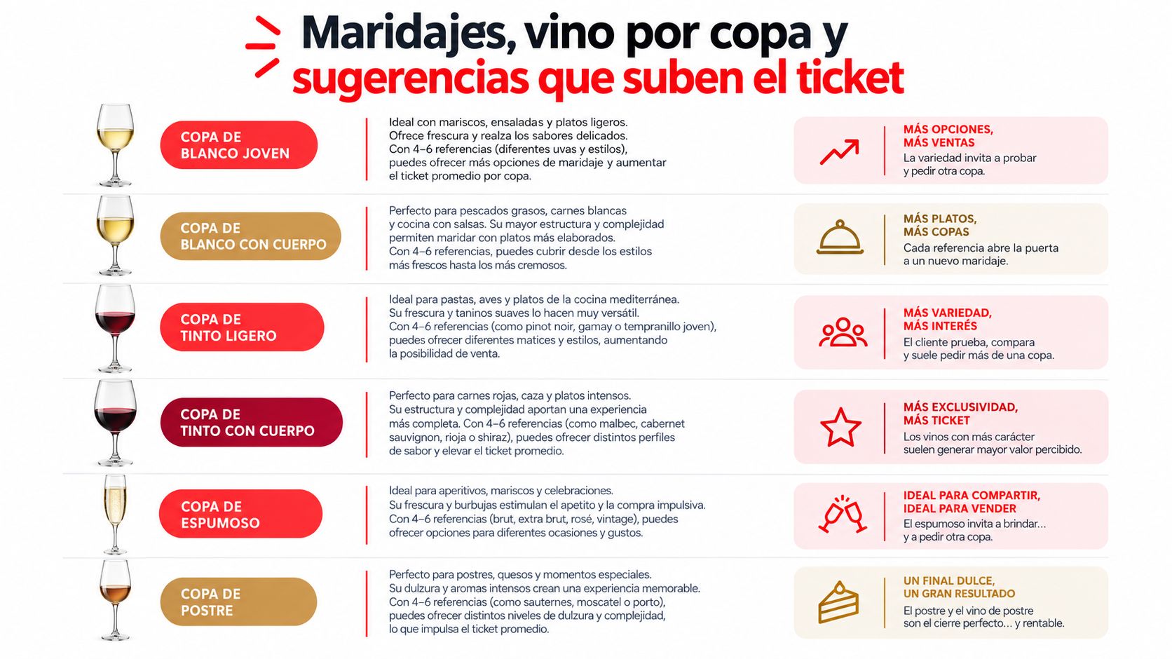 Gráfico que muestra maridajes sugeridos para copas de vino y cómo aumentar las ventas en restaurantes.
