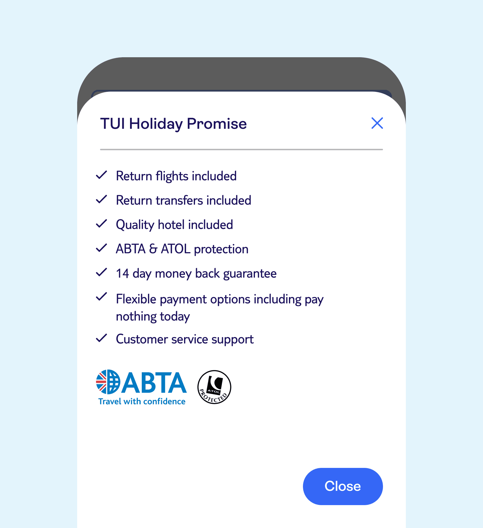 Mobile screen showing 'TUI Holiday Promise' example.