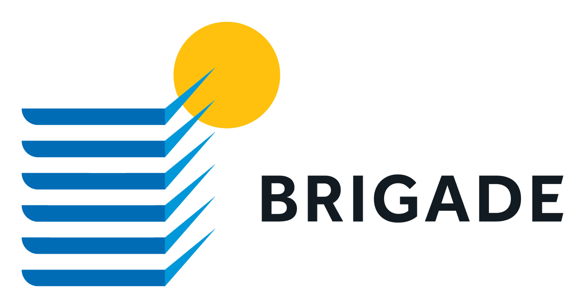 Brigade logo with blue building lines and yellow sun icon