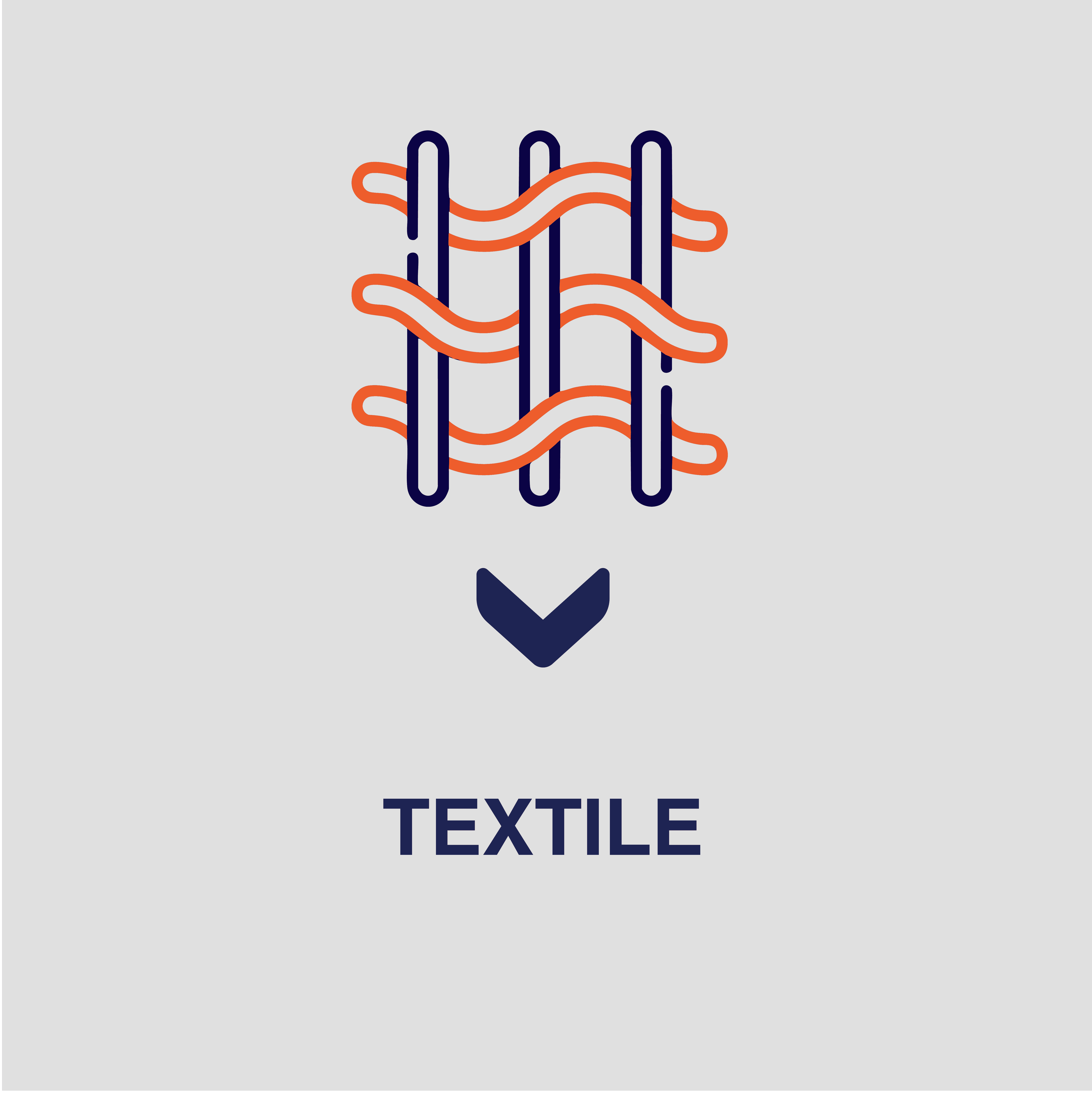 icon of blue and orange threads intertweving on a white background and blue text that says textile
