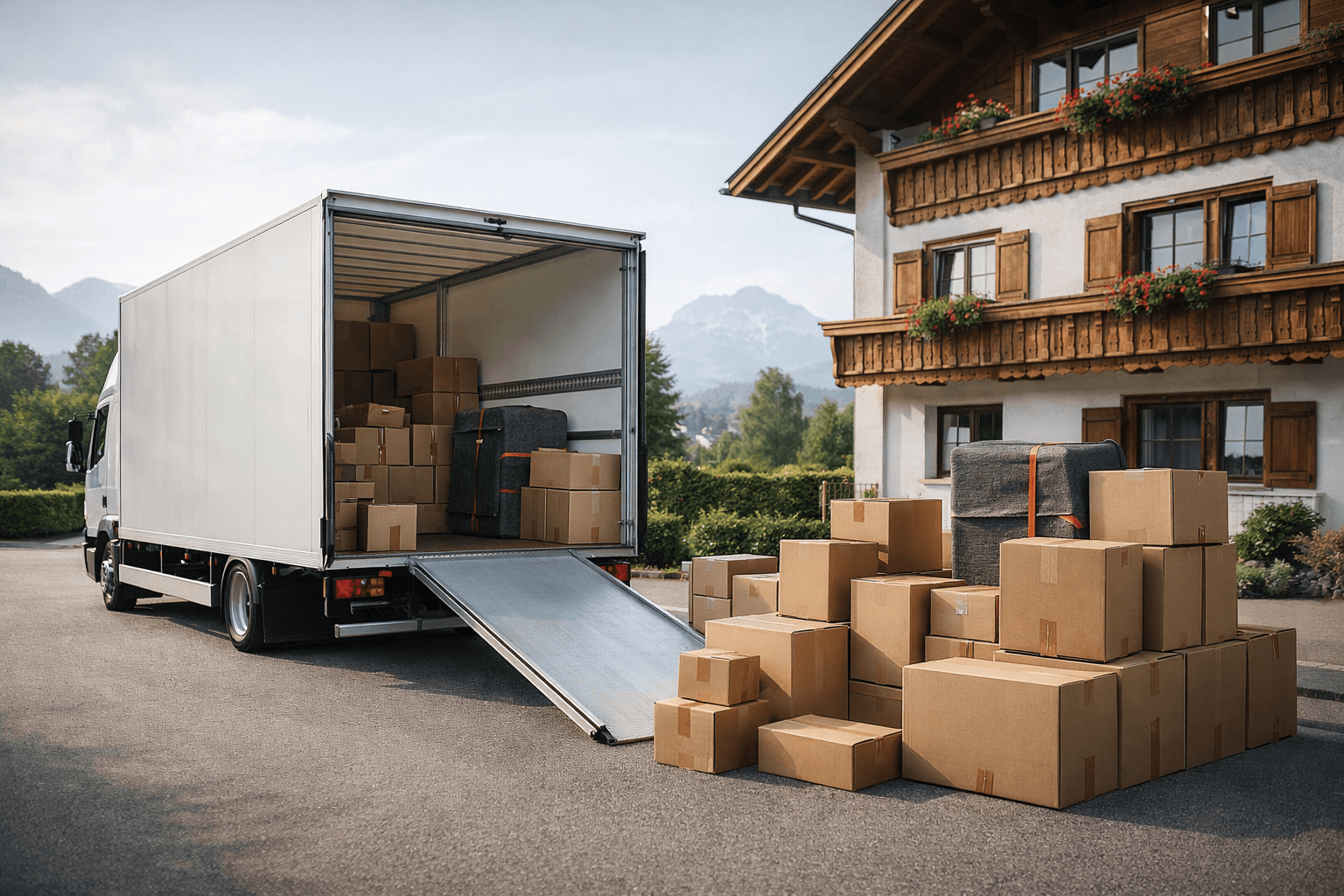 Umzugsdienst mit Transporter und Umzugskartons vor Wohnhaus – professionelle Umzugs- und Transportdienstleistungen