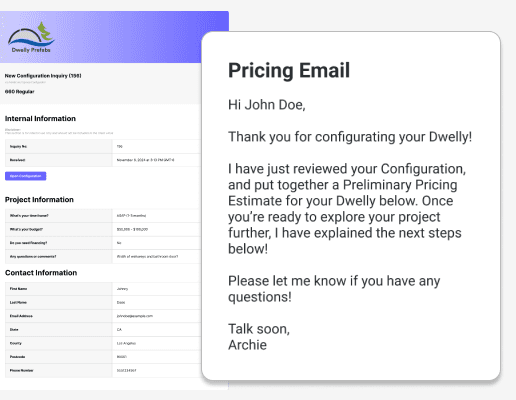 Preview of pre-generated email quote template that can be personalized to each new prospect