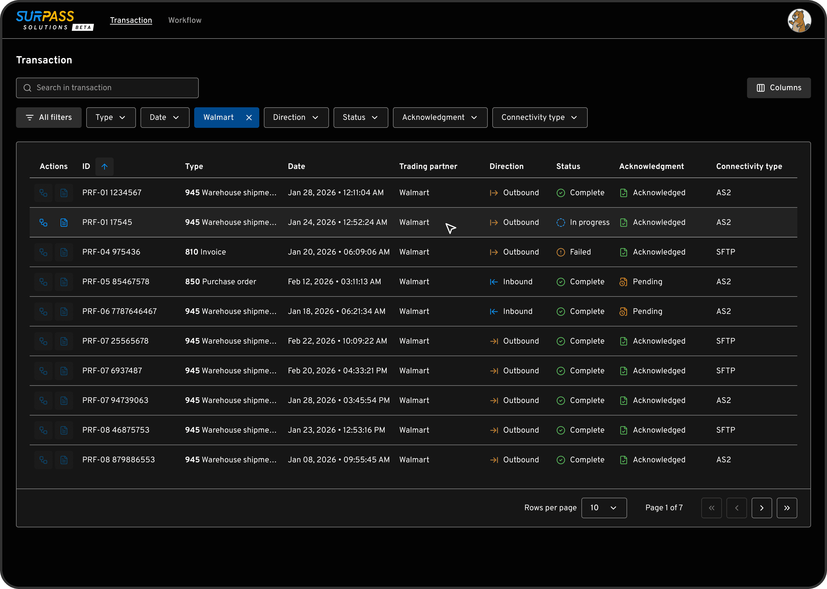 A high-fidelity UI mockup of a data grid for managing EDI transactions in dark mode. It features a robust filtering system, sortable columns, and status-coded line items within a clean, professional dashboard interface.