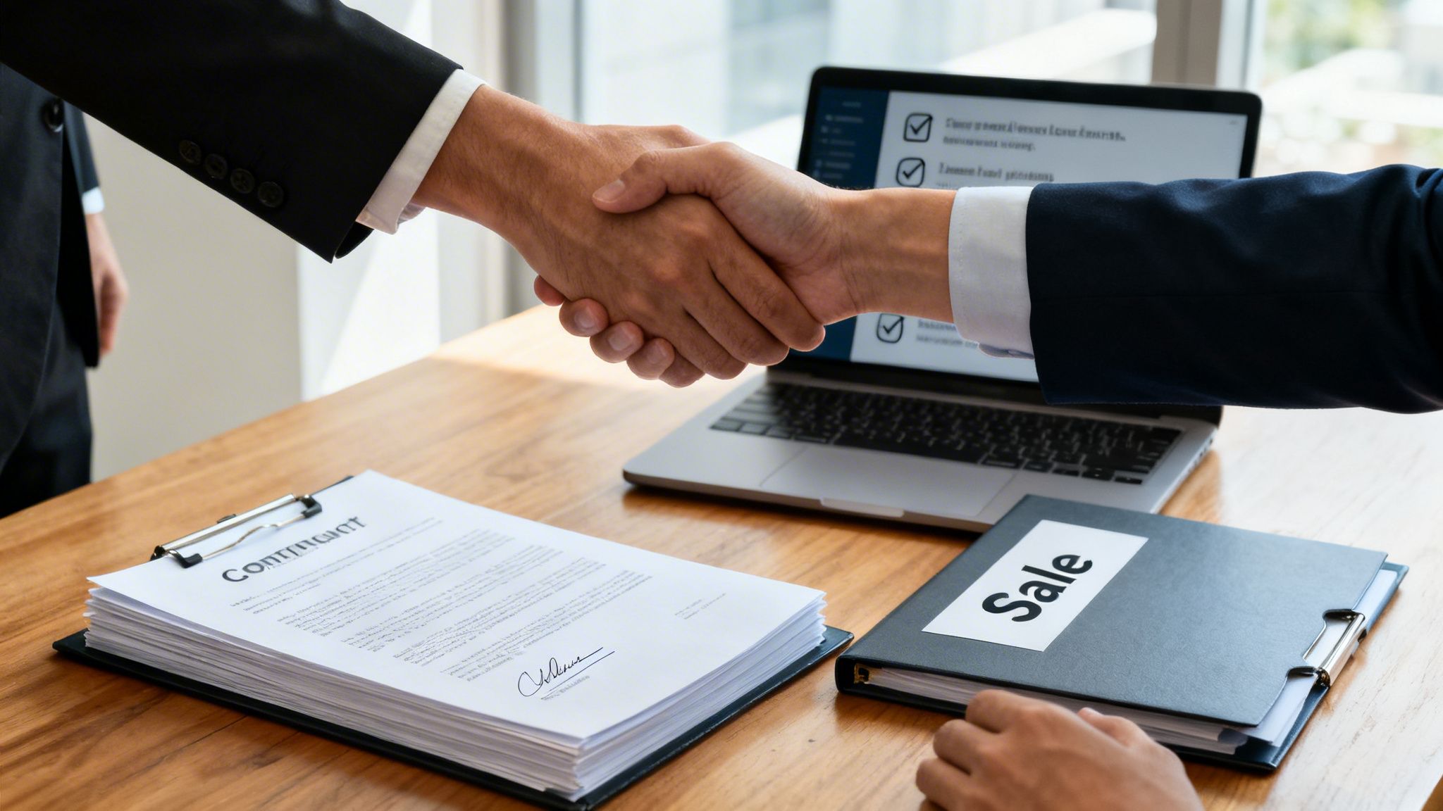 Two businessmen shake hands over a desk with a contract, sales folder, and a laptop.