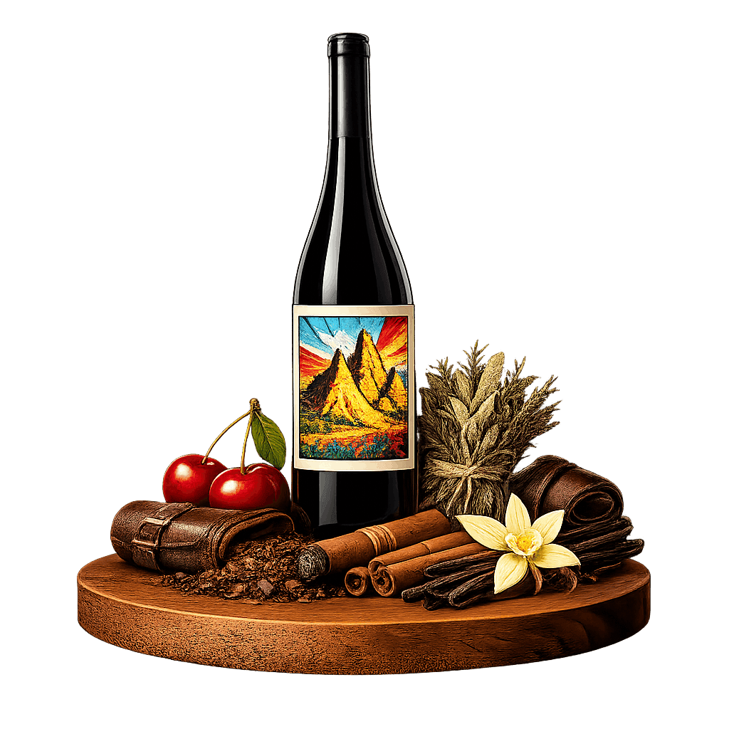 Artistic label and flavor profile for Melnik Red on a rustic wooden table.