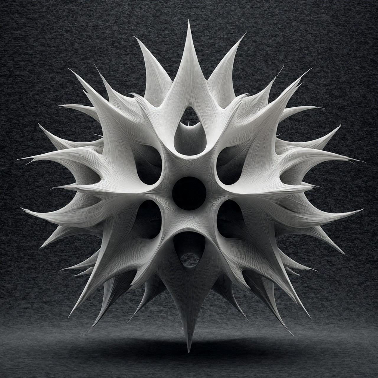 A 3D-rendered abstract shape with spiky, curved protrusions resembling a star or sea urchin, centered against a dark textured background.