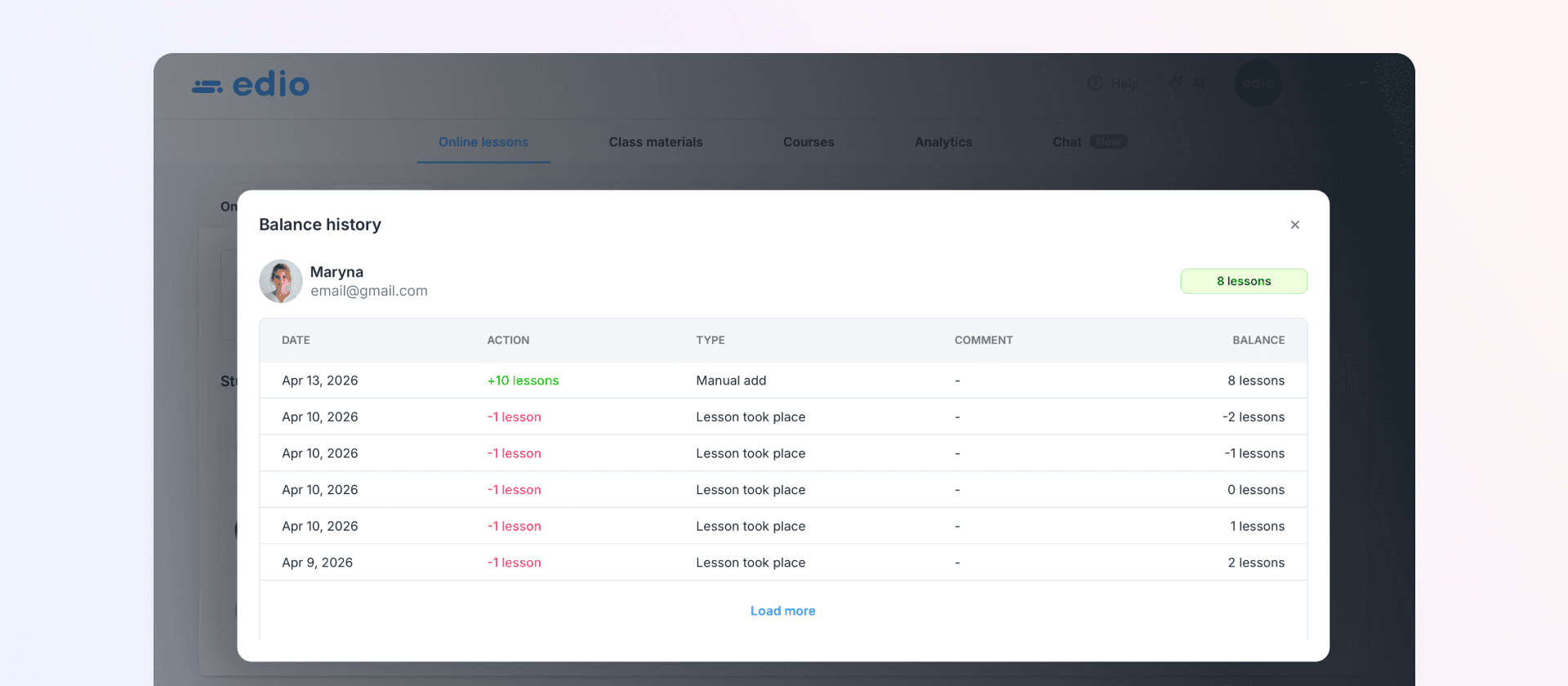 Student balance history in edio showing automatic lesson deductions and manual top-ups with dates, actions, and running balance.