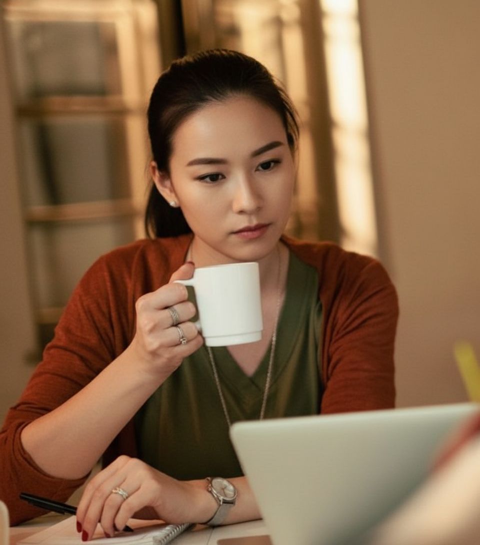 girl using laptop and drinking coffee