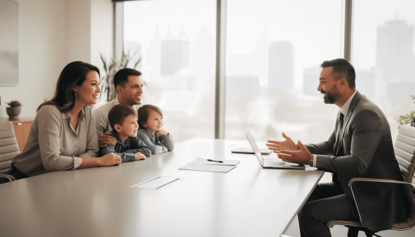 The image shows a professional advisor engaged in a discussion with a family across a conference table, focusing on estate planning strategies such as irrevocable trusts for asset protection and minimizing estate taxes. The advisor is likely explaining how to protect assets and manage trust assets effectively to ensure financial security for the family.
