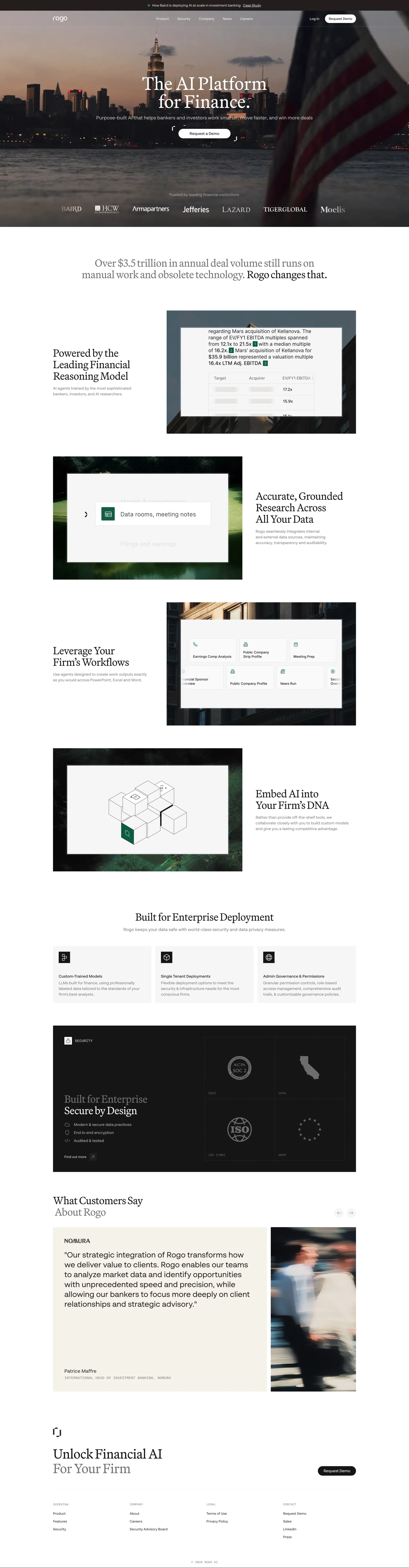 Rogo landing page screenshot showcasing AI and Finance design