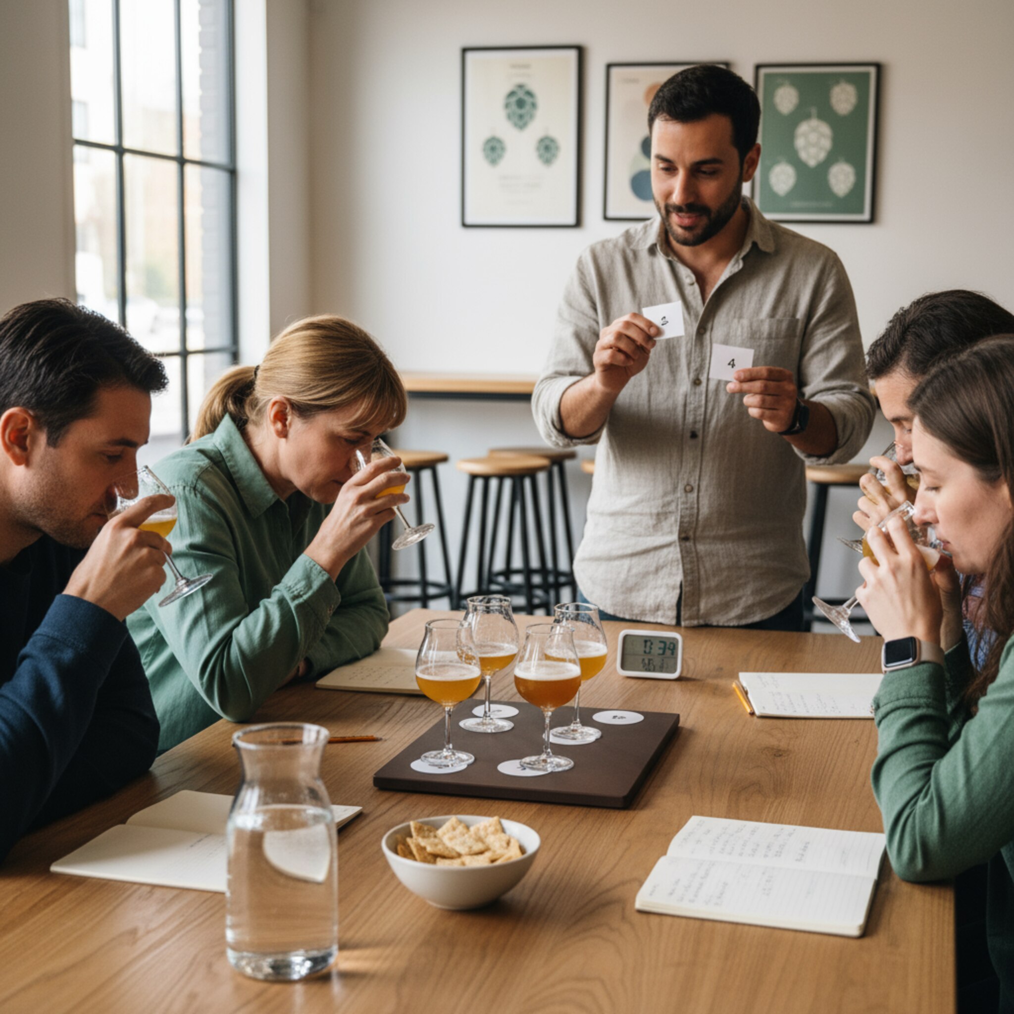 Ein Verkostungsflight aus vier Bieren steht auf einem Holzbrett, Nummern markieren die Reihenfolge. Daneben erklärt eine Moderatorin die Hopfensorten, Gäste riechen konzentriert an den Gläsern. Aufgestellte Stühle, dezente Poster und ruhiges Licht erzeugen Spannung. Ein Timer auf dem Tisch strukturiert die Runde.