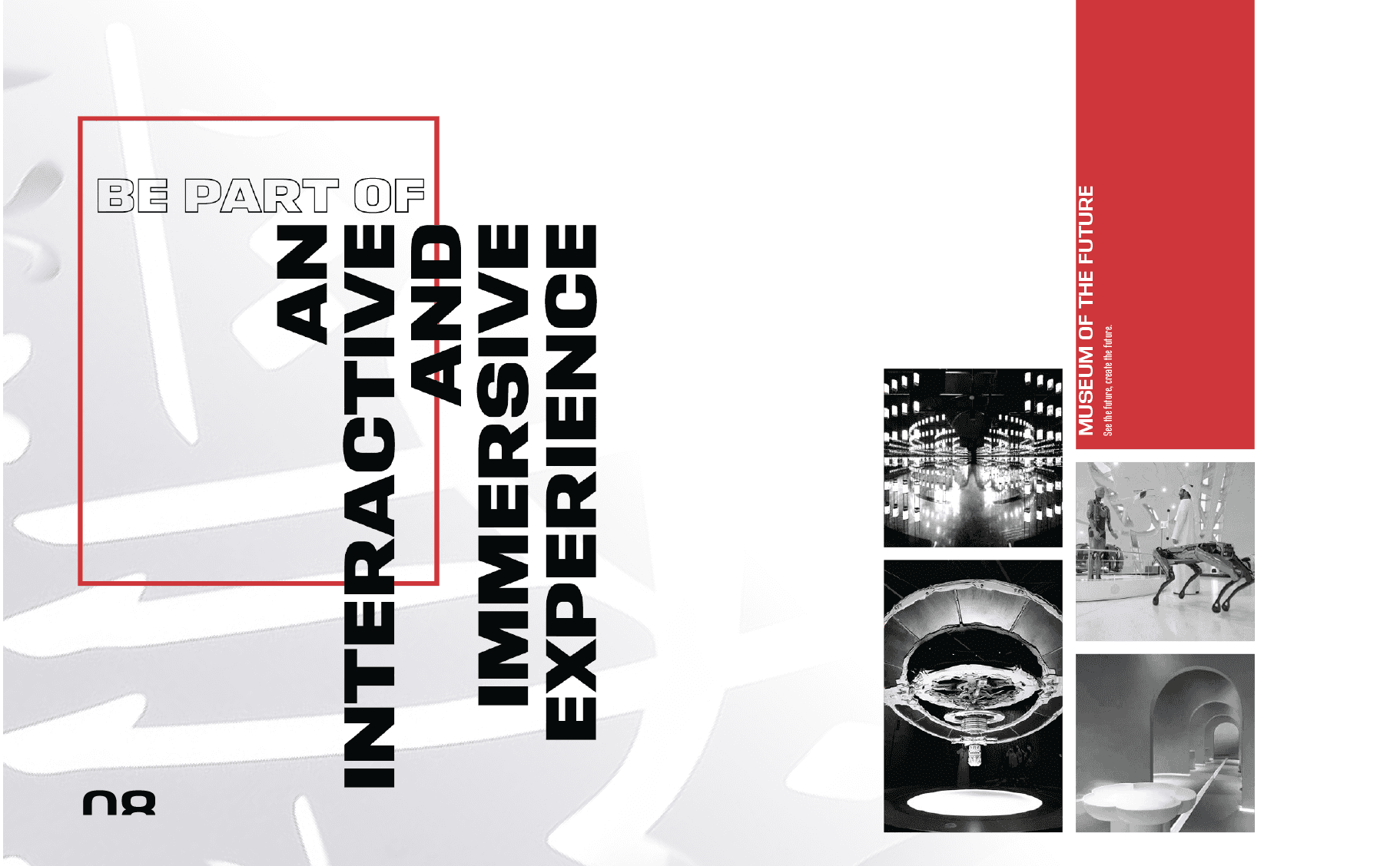 White Graphic with 4 Photos titled "An Interactive and Immersive Experience. All 4 photos are of the interior of the museum.