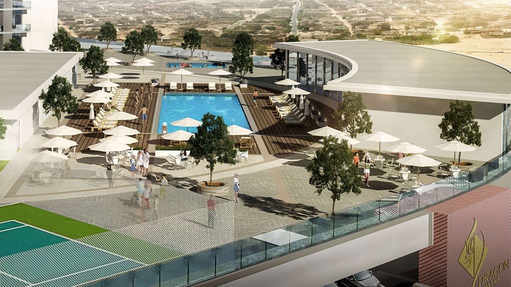 Conceptual illustration of Dragon Towers, a proposed casino resort in the city, featuring sleek design and lush landscaping.
