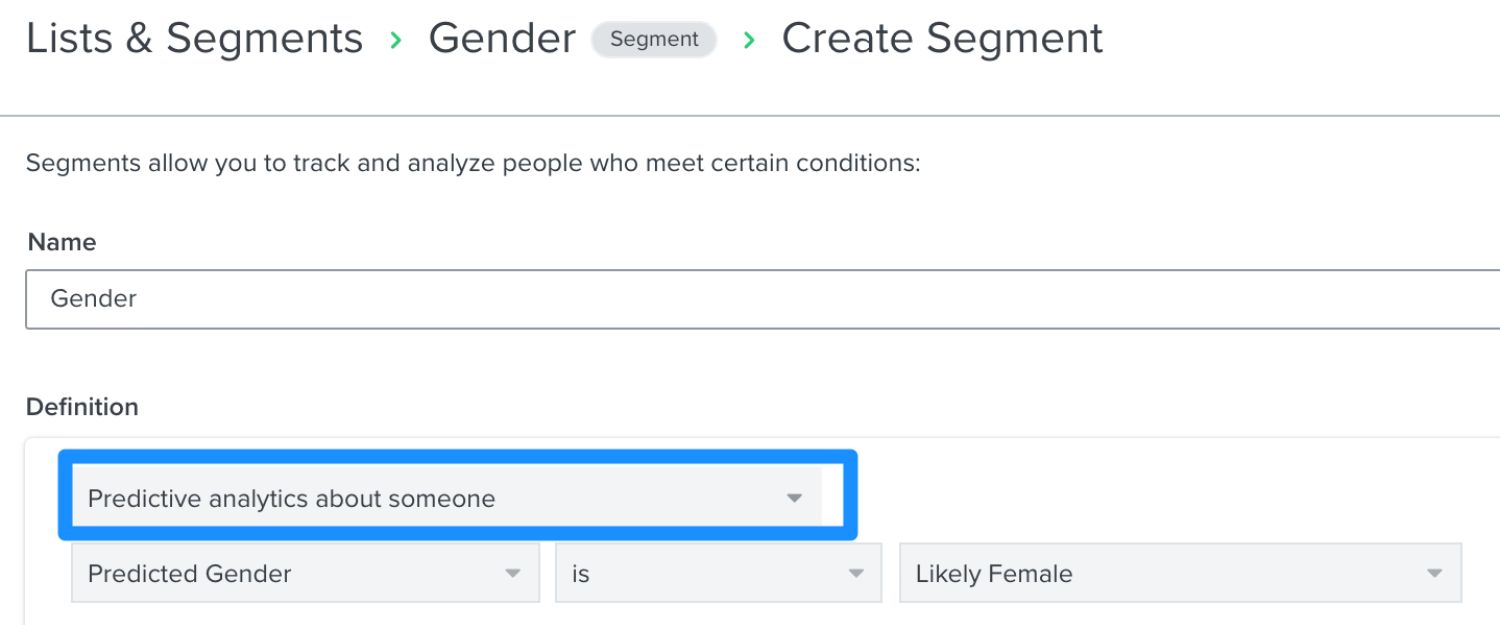 Predicted Gender.jpeg – A Klaviyo segment setup for gender-based email targeting, using predictive analytics to identify likely male and female customers.