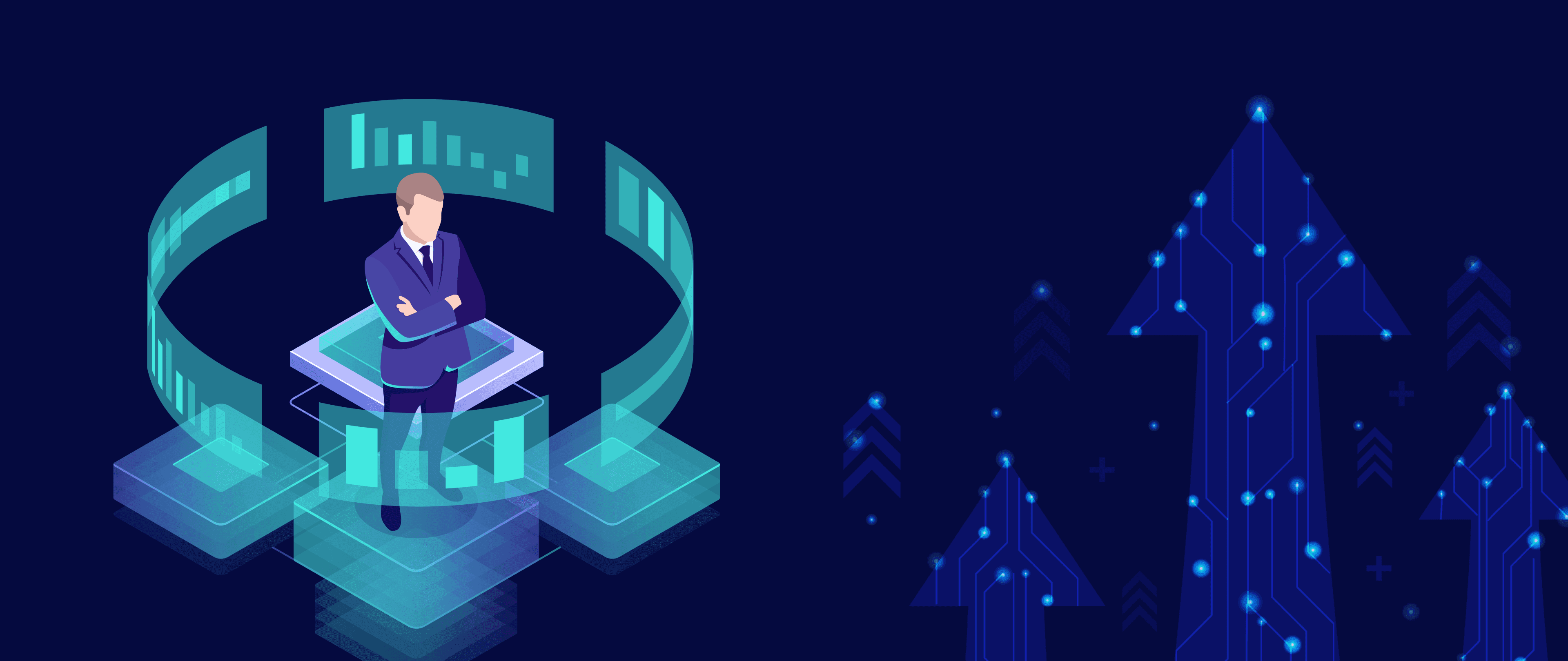 Illustration of a business leader surrounded by digital data panels and upward growth arrows, representing sanctions screening challenges and the need for master data to build a unified customer view.