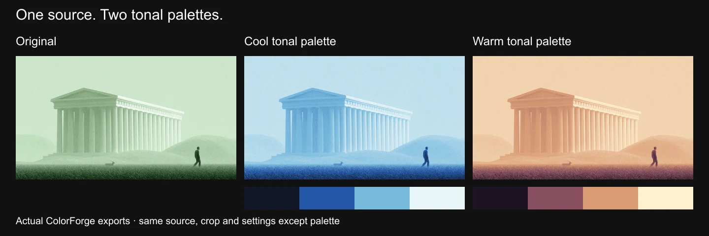 The same green architectural image shown untreated, recolored with a dark-to-light blue palette, and recolored with a dark-to-light warm palette.