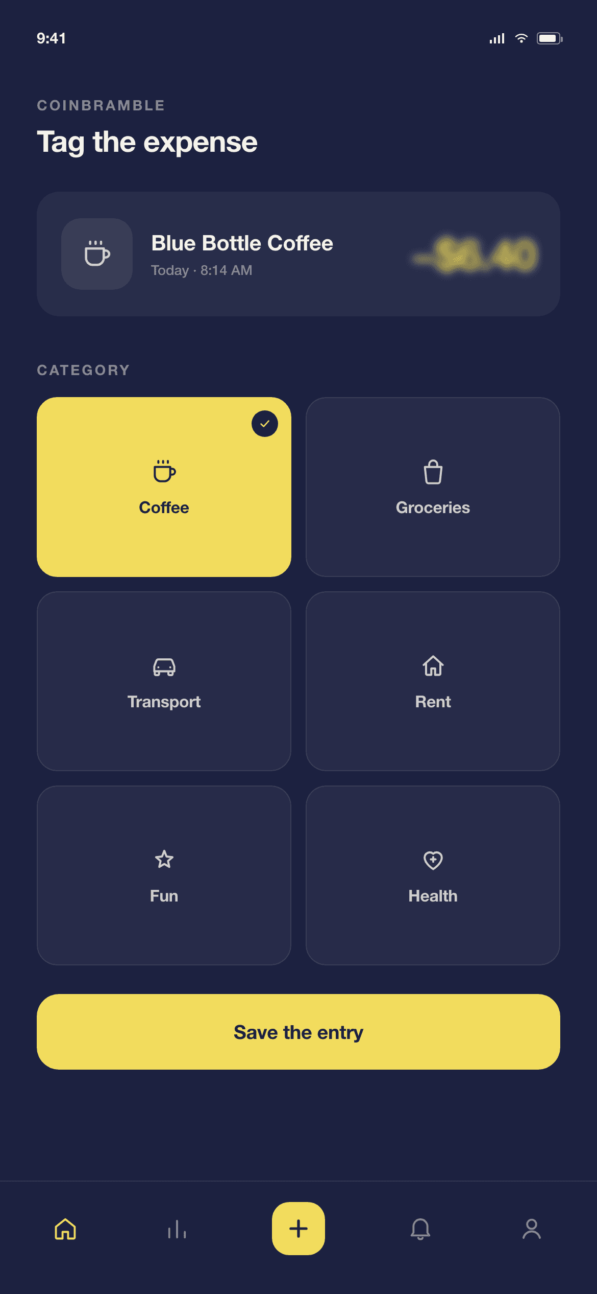 The tagging screen with a reordered category list and the entry's amount blurred out.