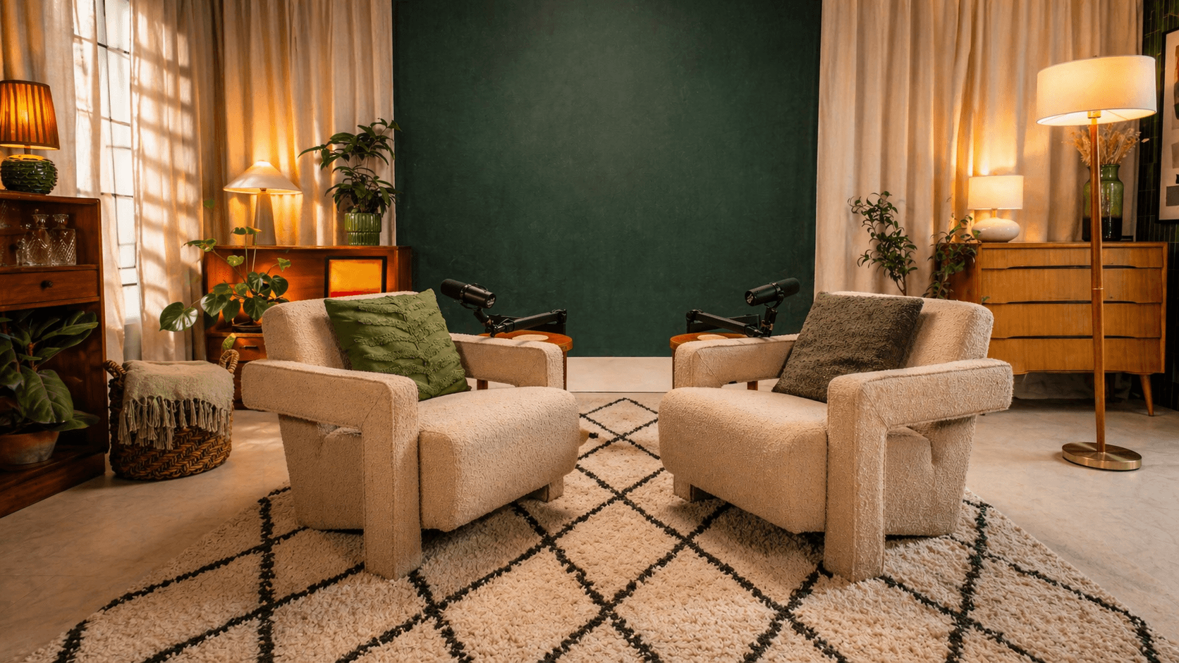 Styled video podcast studio lounge with armchairs, microphones and high-quality audio recording