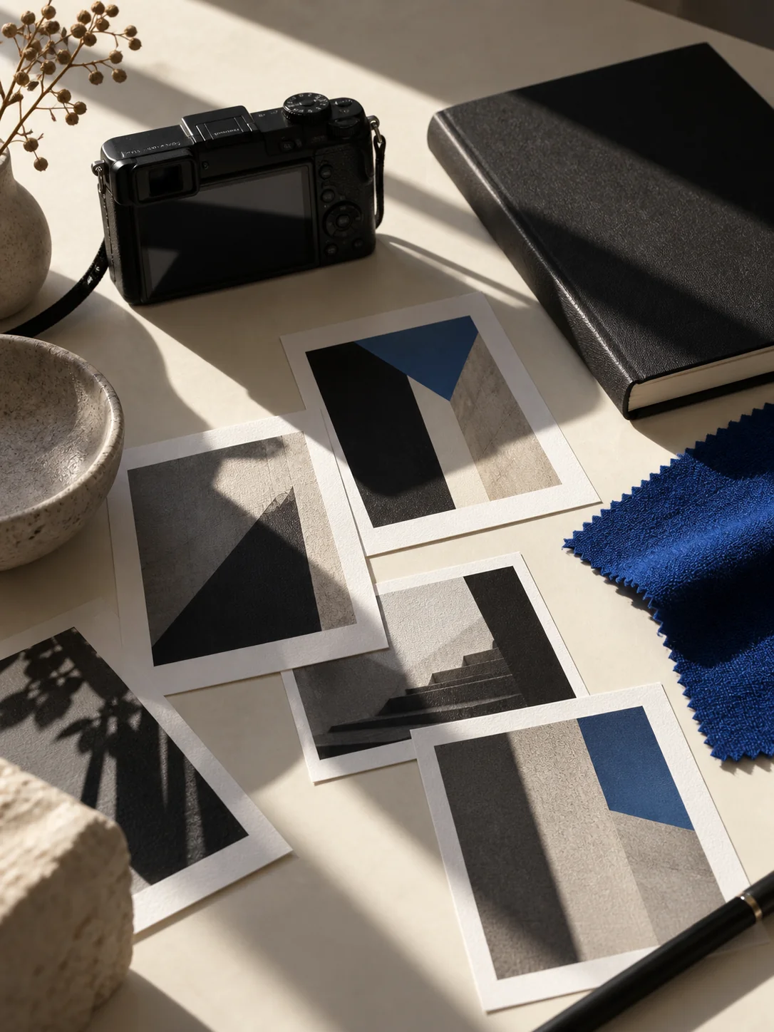 Camera and creative notes on a studio table, created with AI