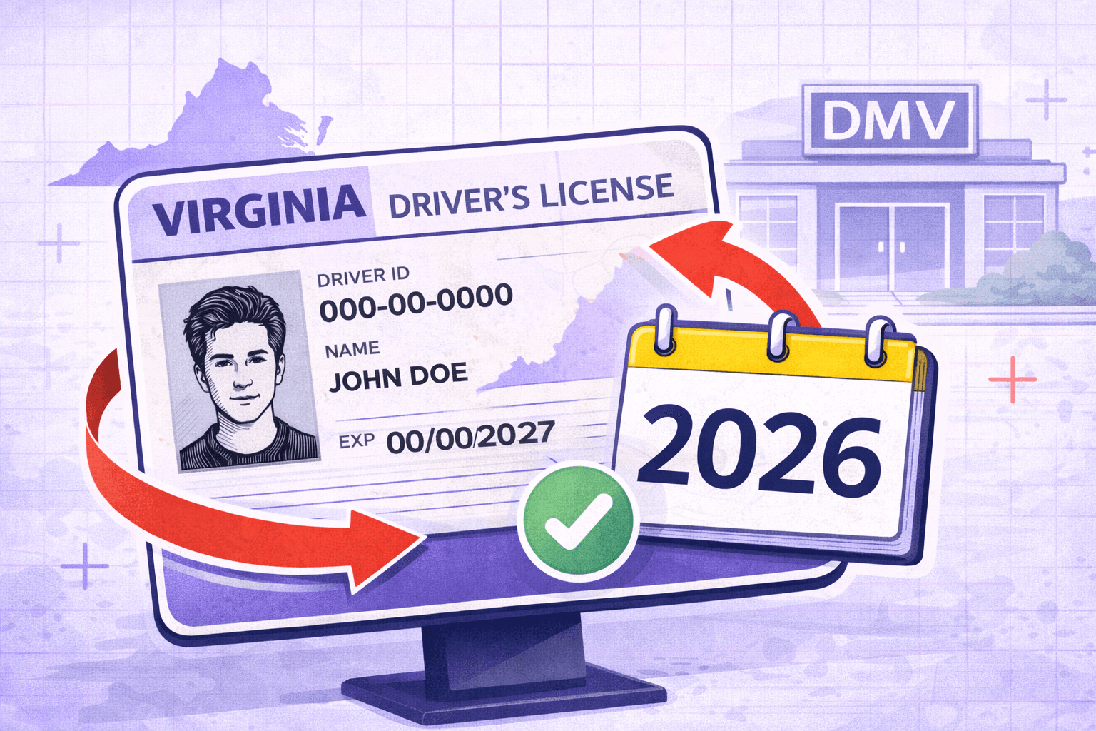 Virginia driver’s license renewal 2026 with calendar, DMV building, and renewal arrows