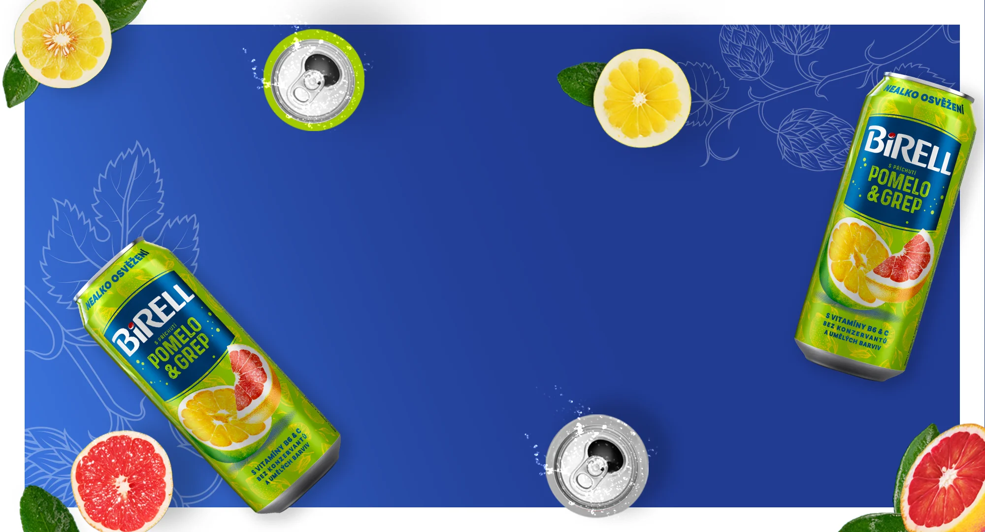 Blue background with various cans and citrus fruit around