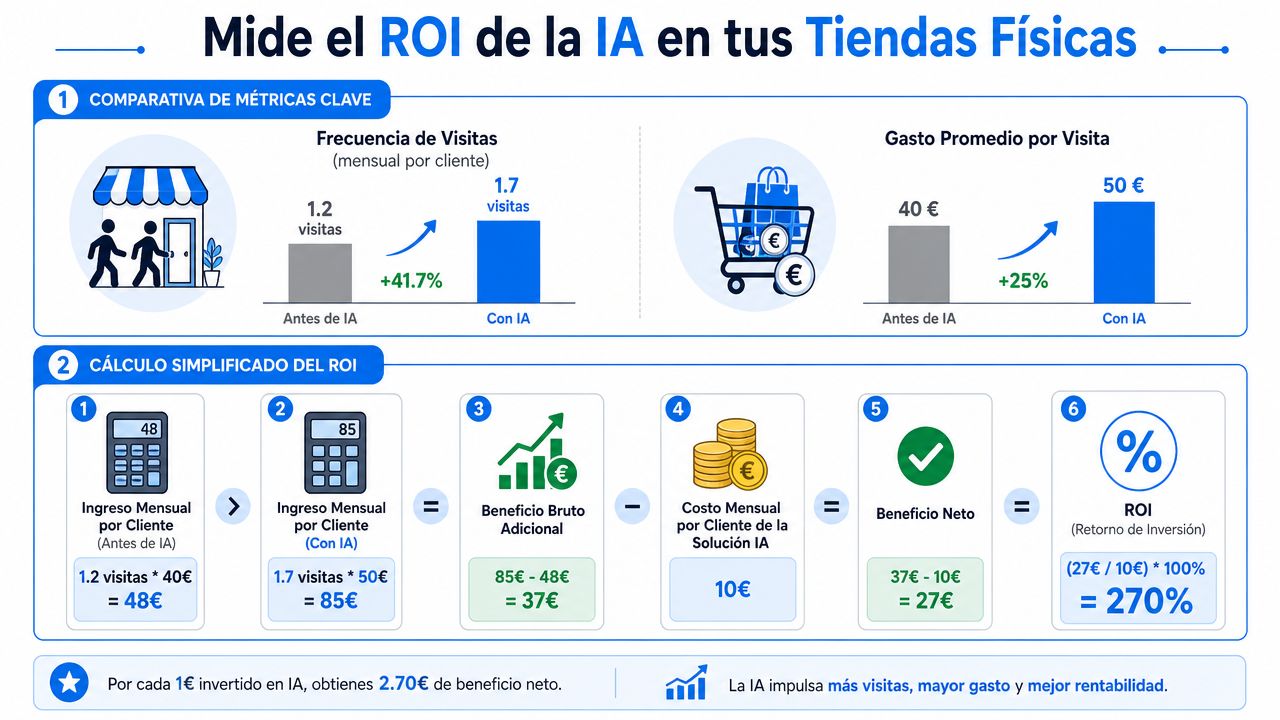 Infografía que muestra el cálculo del ROI de la inteligencia artificial aplicado en tiendas físicas minoristas.
