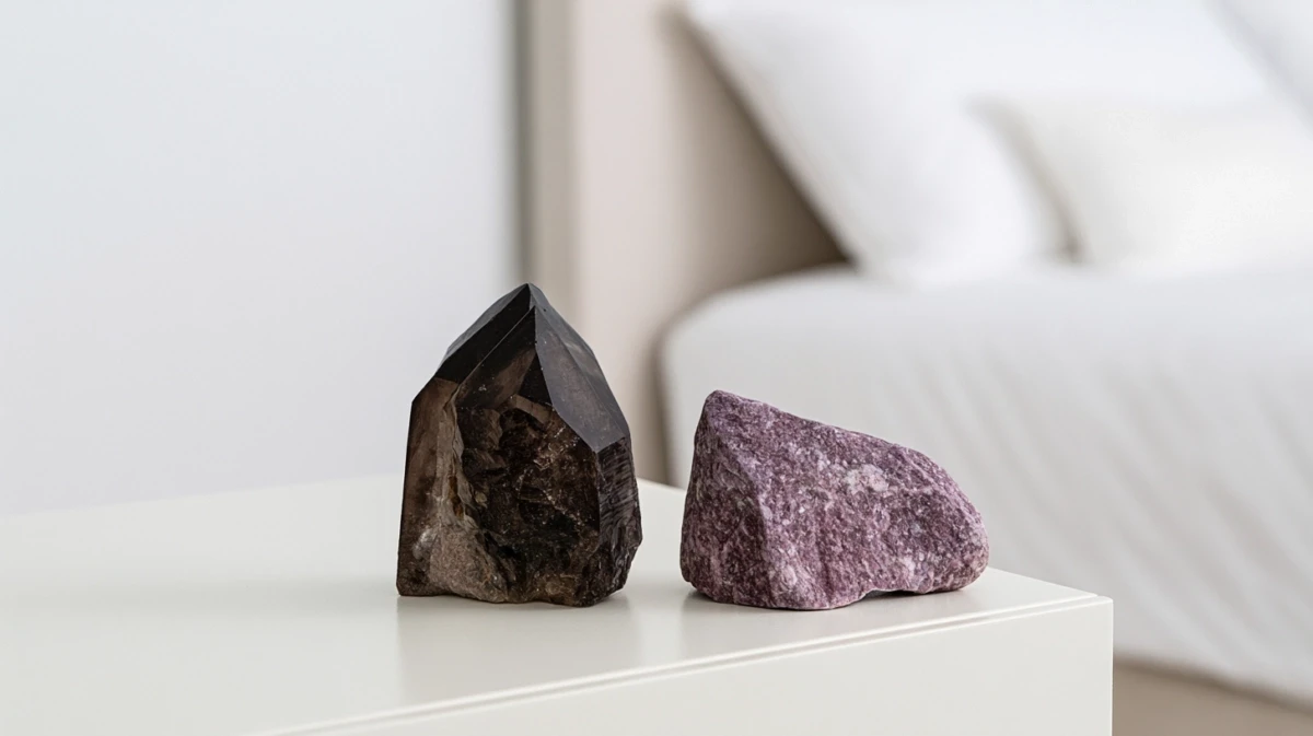 Smoky quartz and lepidolite stones on nightstand