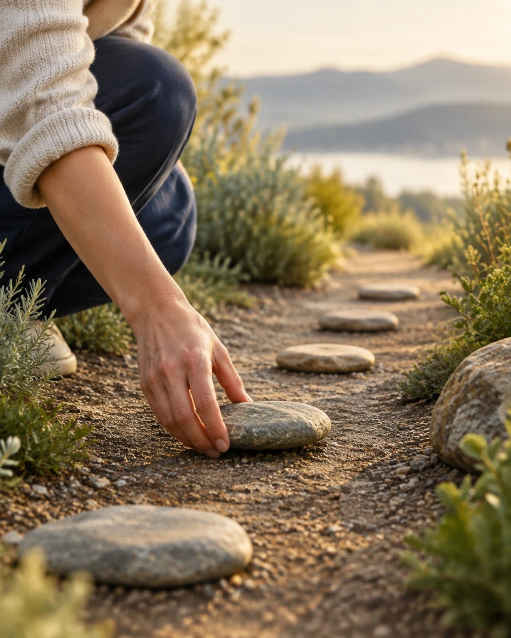 A person placing one small stepping stone onto a simple path