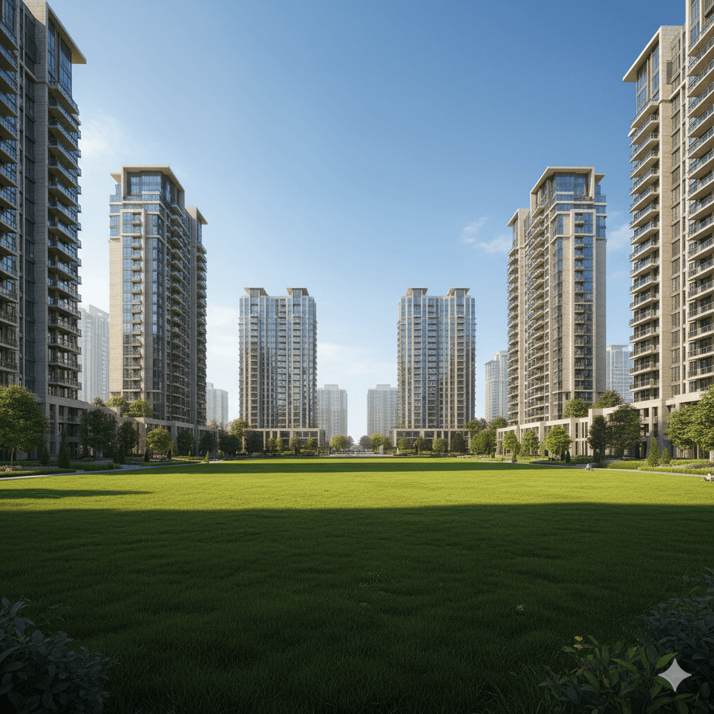 M3M Noida residential towers with large green lawn