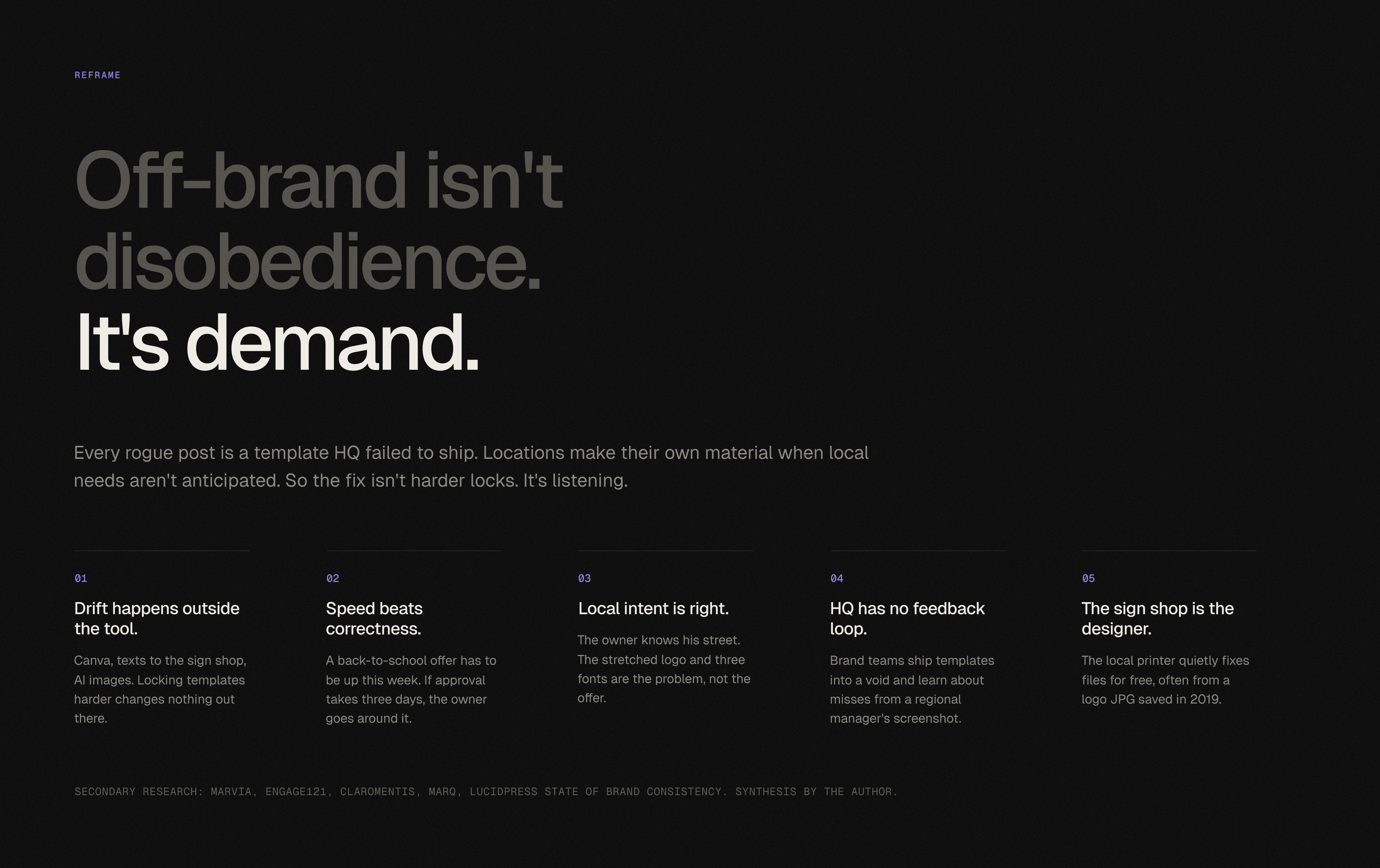 Sonde reframe slide on a dark background: off-brand isn't disobedience, it's demand, followed by five findings about drift, speed, local intent, missing HQ feedback and the sign shop.