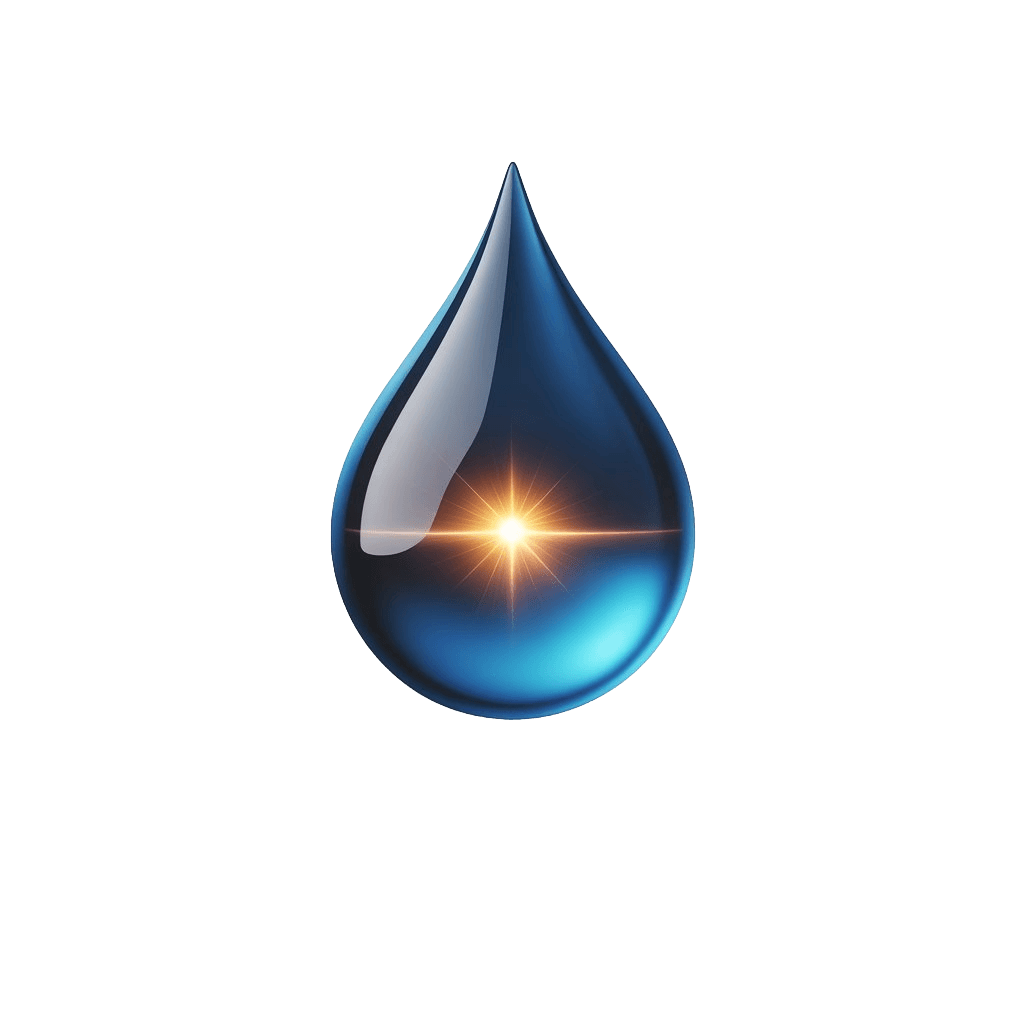 Logo rasmi Kangen Soul Water berbentuk titisan air biru kristal dengan pantulan cahaya emas, melambangkan kesucian air Kangen dan kesihatan optimum.