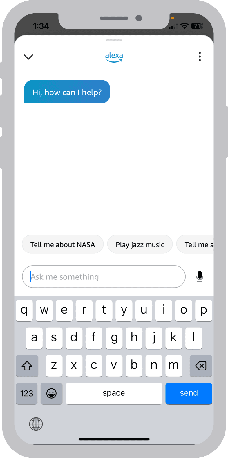 A mobile chat interface with an AI assistant asking 'Hi, how can I help?'