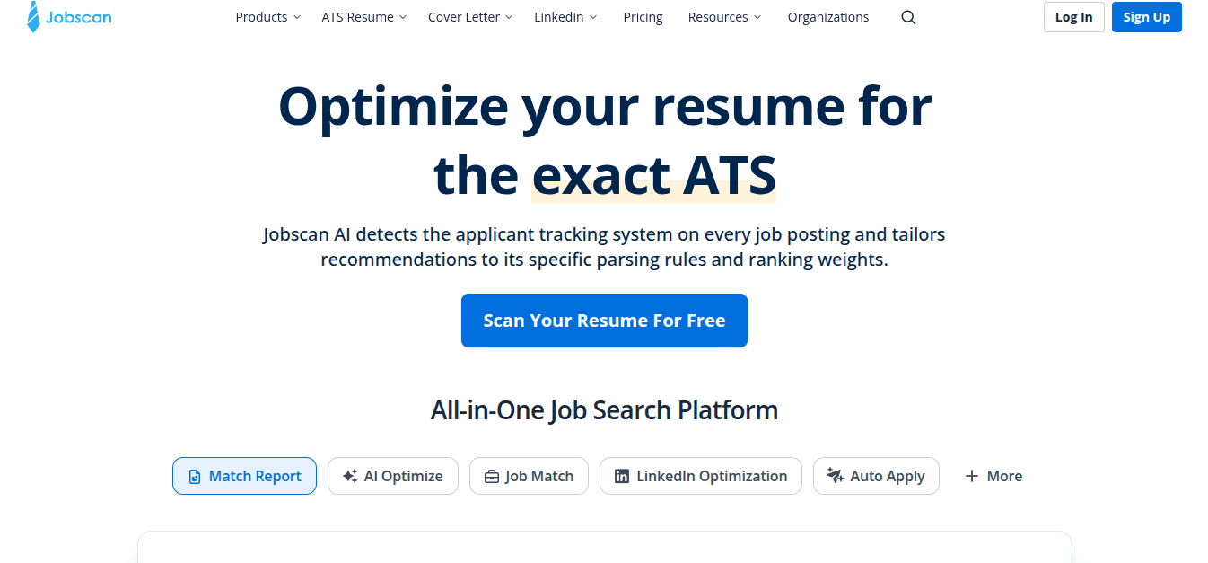 Jobscan homepage showing ATS resume optimization with match report, job match and LinkedIn optimization tabs