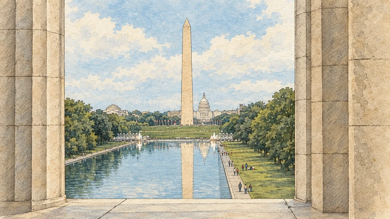 Illustration of the Washington Monument and reflecting pool viewed between columns