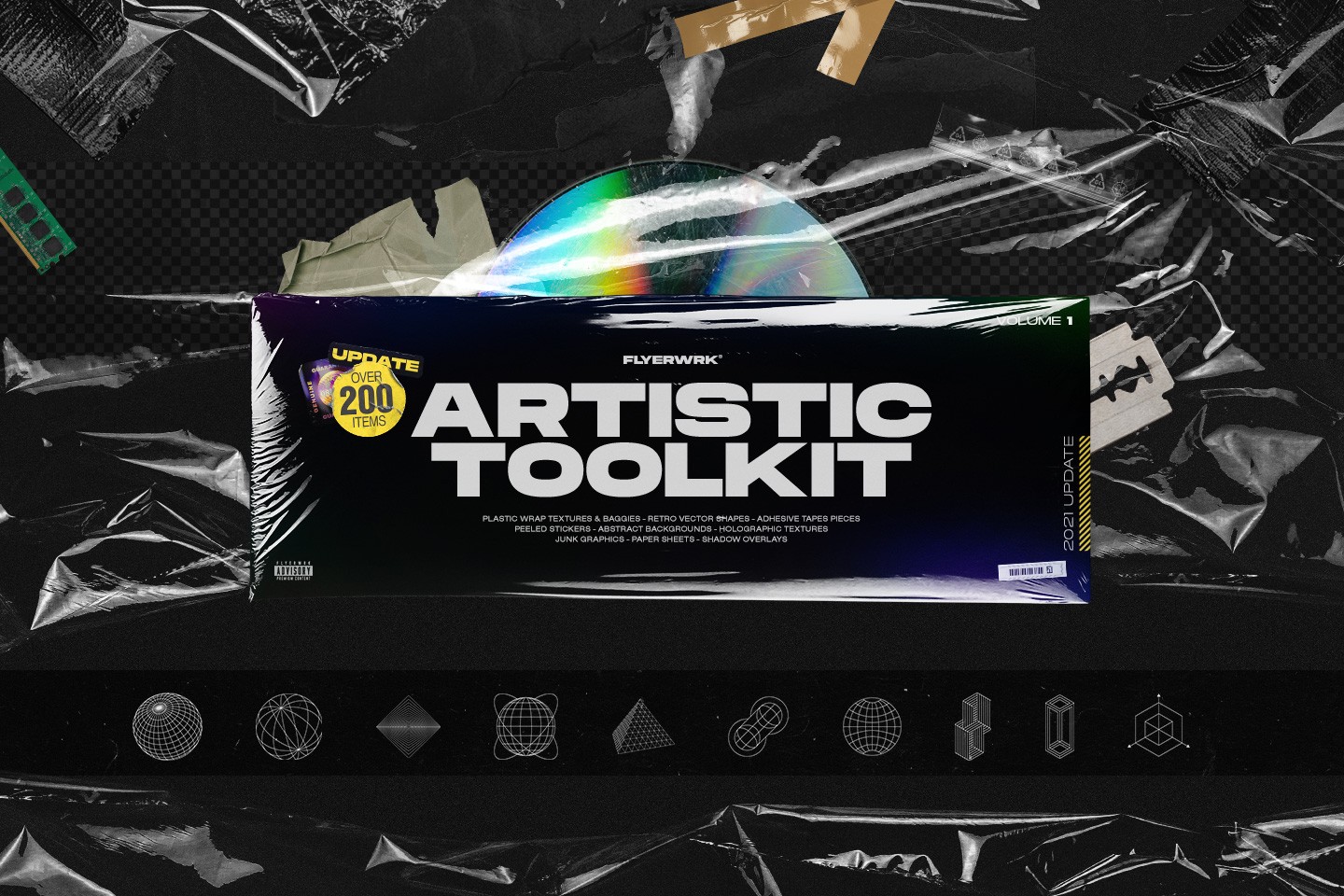 Artistic Toolkit 1 graphic objects cover featuring plastic wrap textures and retro futuristic vector shapes