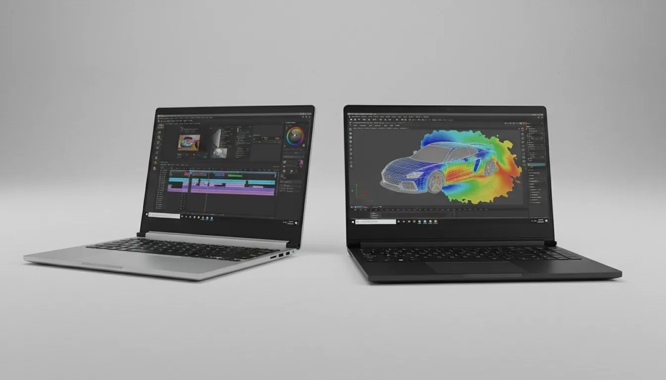 High-end commercial product photography of two powerful creator laptops, DSLR shot with soft studio lighting. A sleek, silver metallic laptop is on the left at a dynamic angle, its screen displaying a complex video editing software UI in dark mode with a timeline and color grading wheels. On the right, a thicker, dark professional workstation laptop faces forward, its screen showing a 3D engineering software, specifically an Autodesk Maya scene with a colorful computational fluid dynamics simulation over a sports car model. The composition is set against a clean, light gray textured studio backdrop, with sharp focus and a clean high-tech aesthetic.