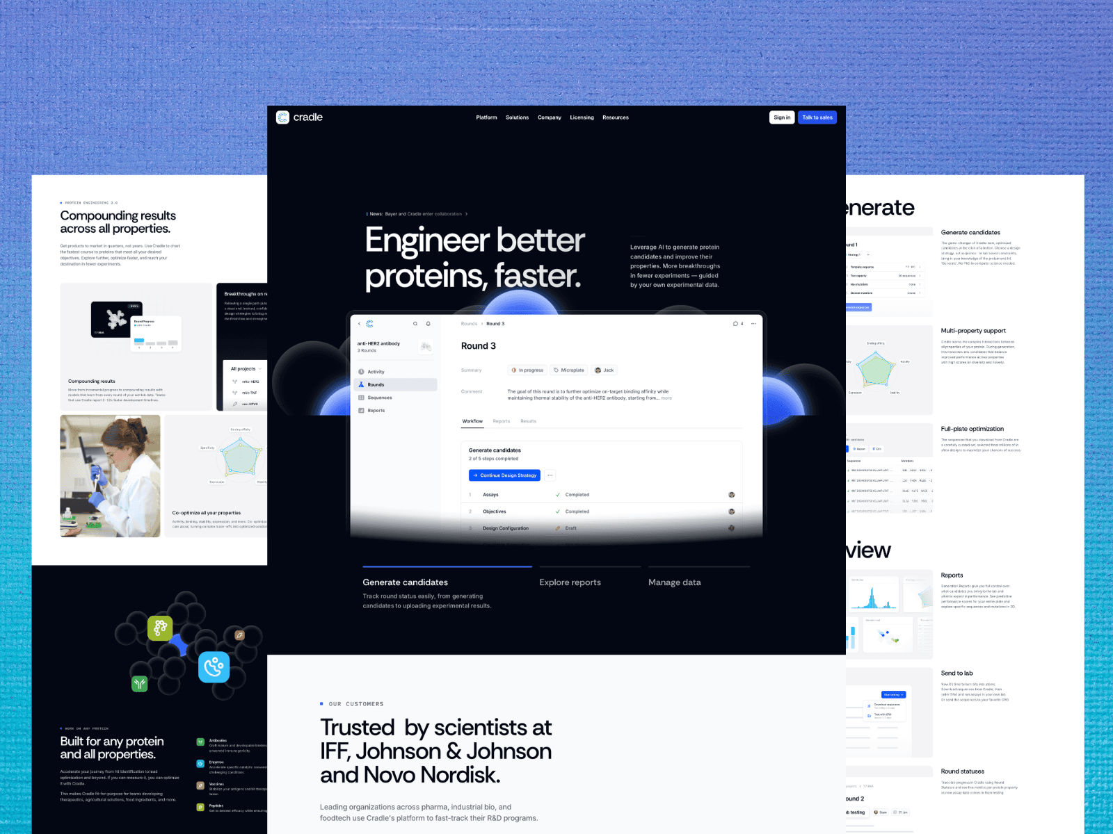 Cradle's AI-based protein design platform provides easy access and acceleration to protein optimization for the discovery pipeline.
