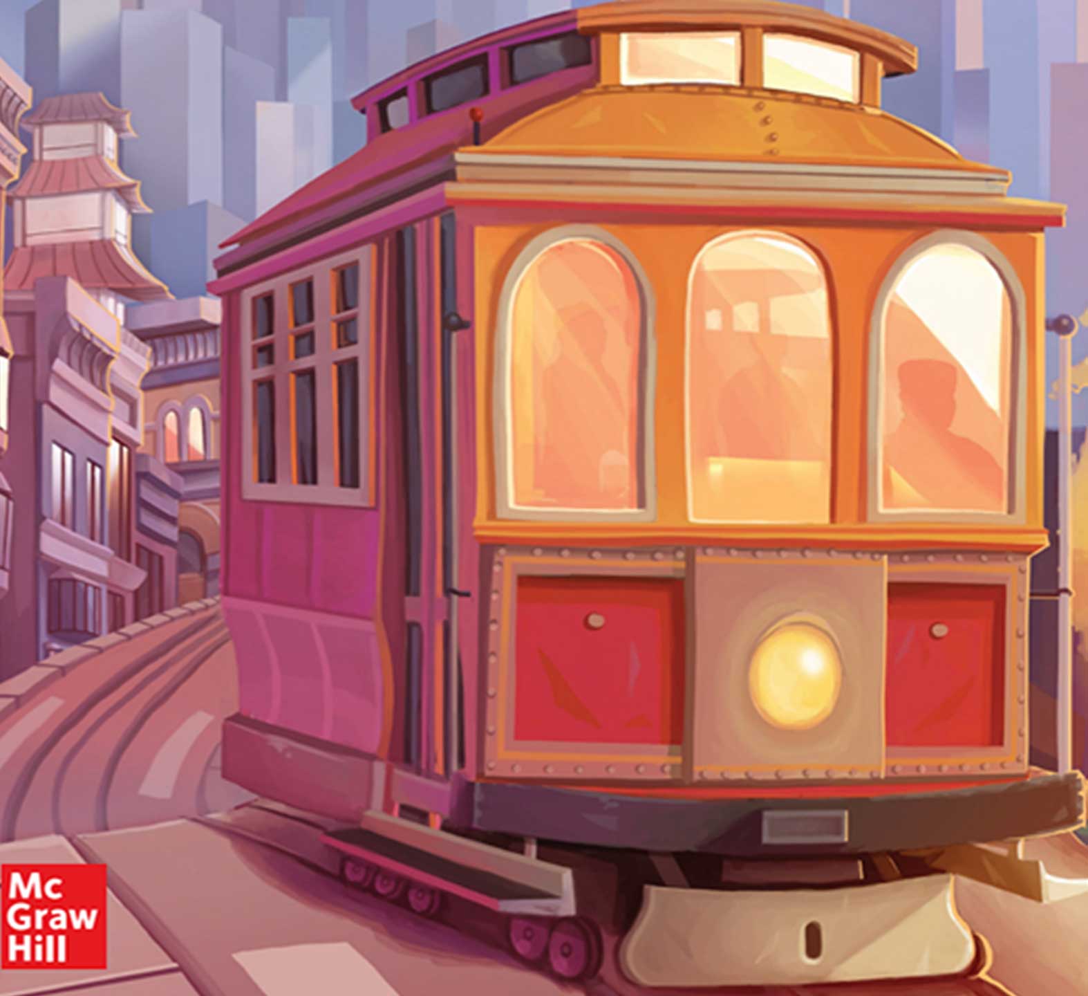 Colorful vintage streetcar in a stylized cityscape background.