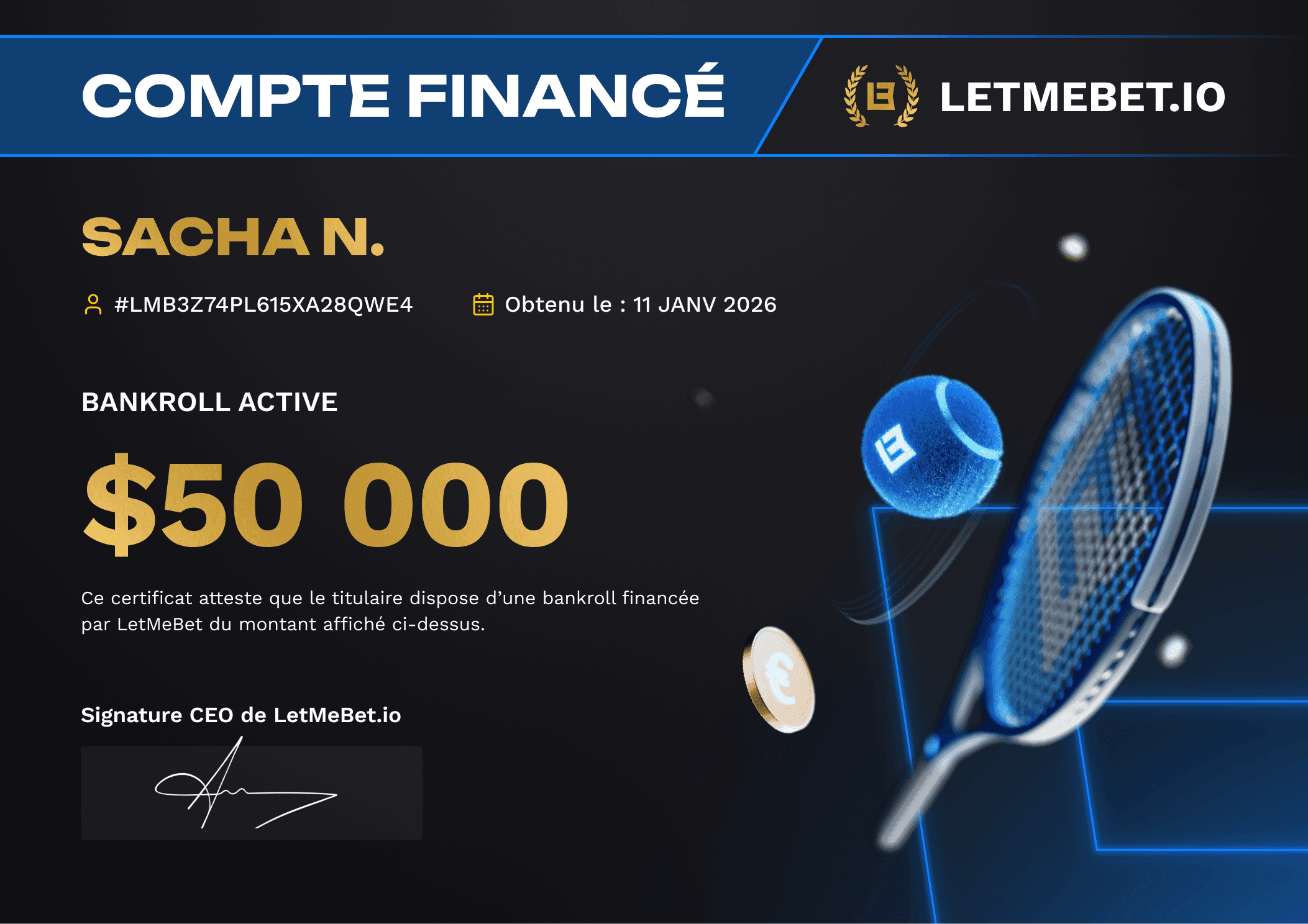 Compte financé LetMeBet Sacha