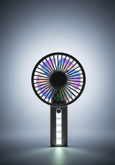 A sleek, modern handheld fan with LED lights is shown. Its blades create a captivating rainbow pattern, emitting a futuristic and vibrant glow.
