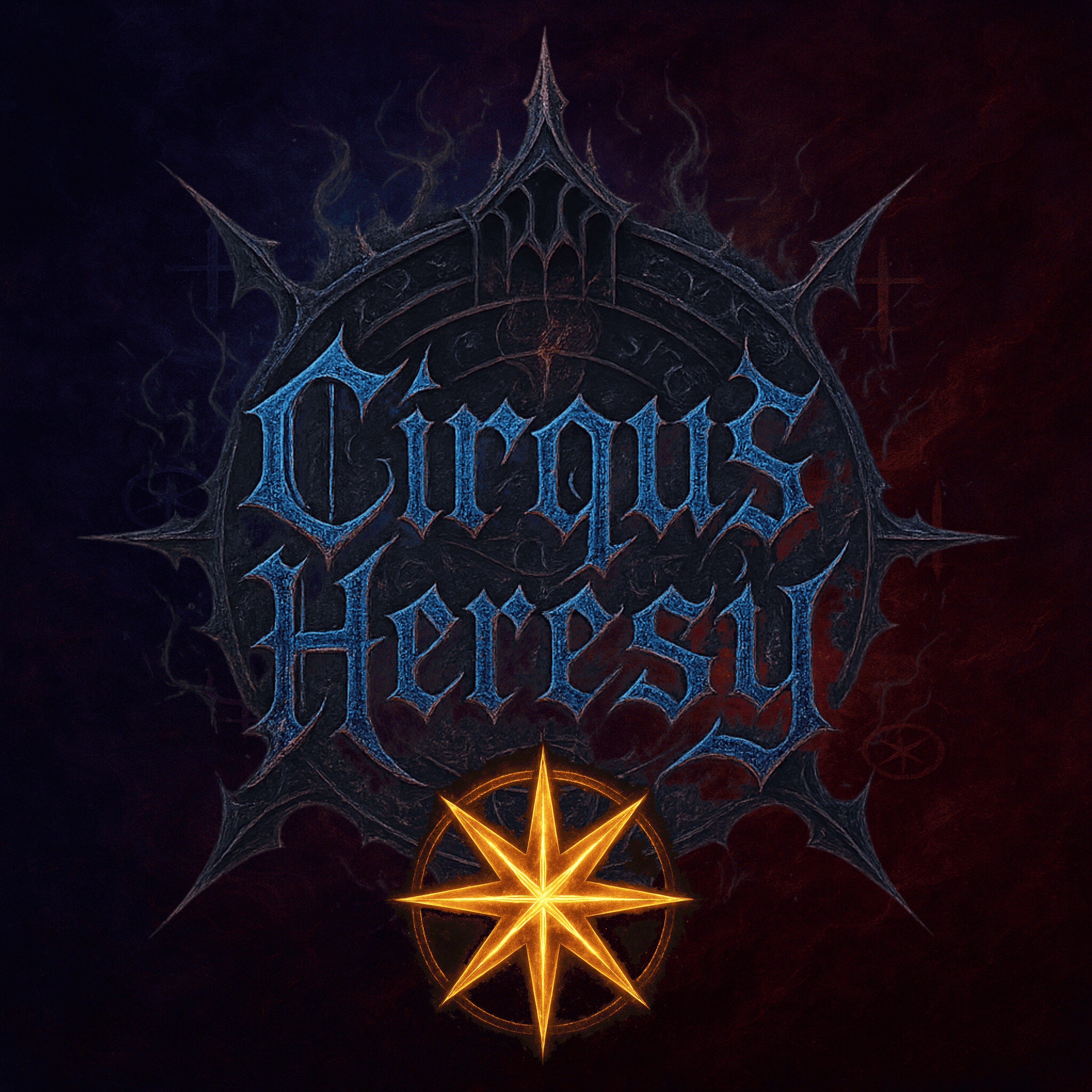 The Mage’s Seal — a luminous golden eight-point star burning with inner fire, set against a dark mystic background with glowing red sigils. The radiant star symbolizes mastery, insight and investment power within the Cirqus Heresy Order. High-contrast magical emblem with cinematic lighting.