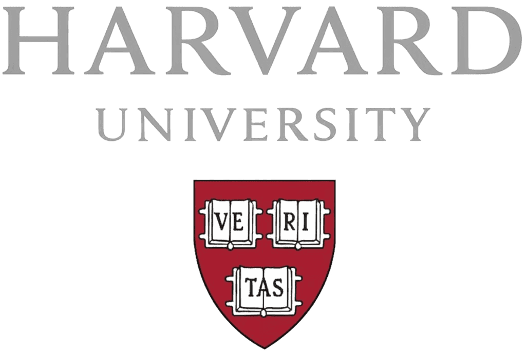 The image features the Harvard University logo, showcasing the institution's name in elegant, bold lettering above a shield displaying the word "Veritas" on three open books, set against a plain background.