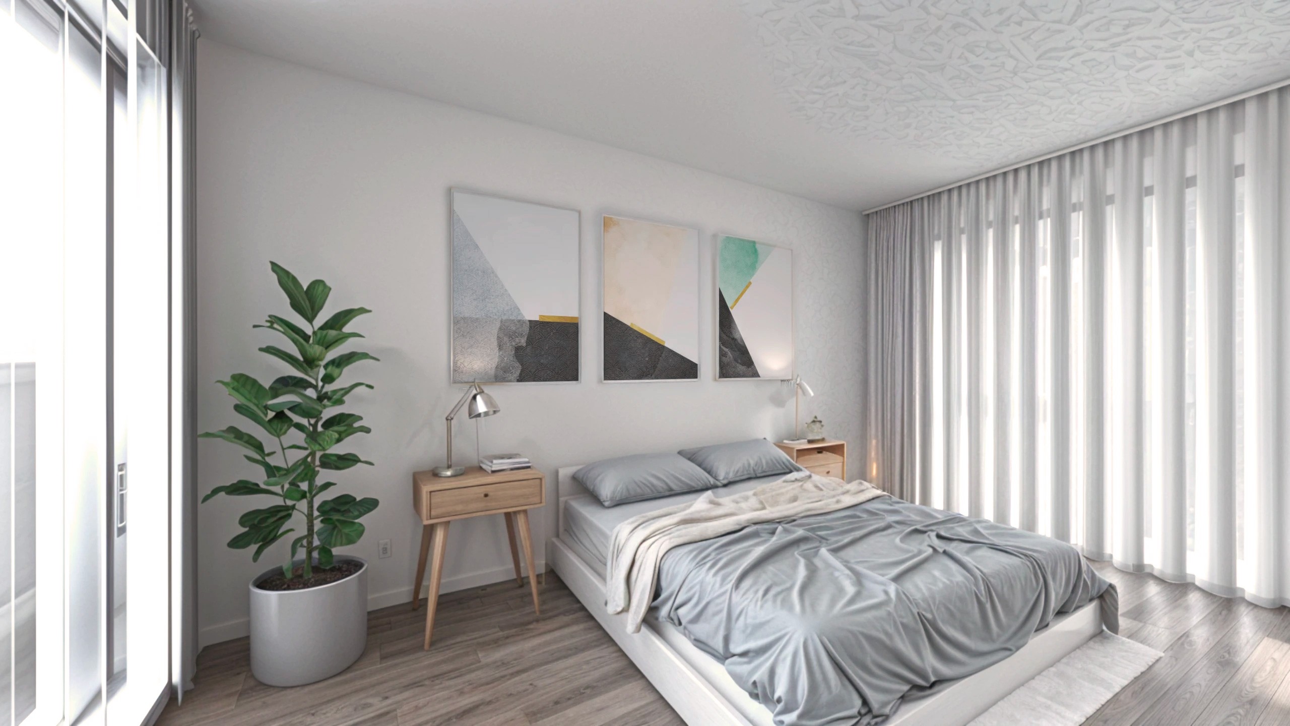 Bright bedroom in a one-bedroom apartment featuring a bed, bedside tables, and access to a balcony with a city view, designed for small spaces.