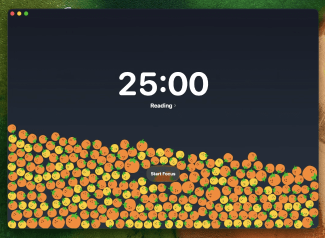 Screenshot from FocusPomo’s App Store Screenshots. Shows their “fun concept” with the tomatoes, and abandons tomatoes near the bottom of the screen.