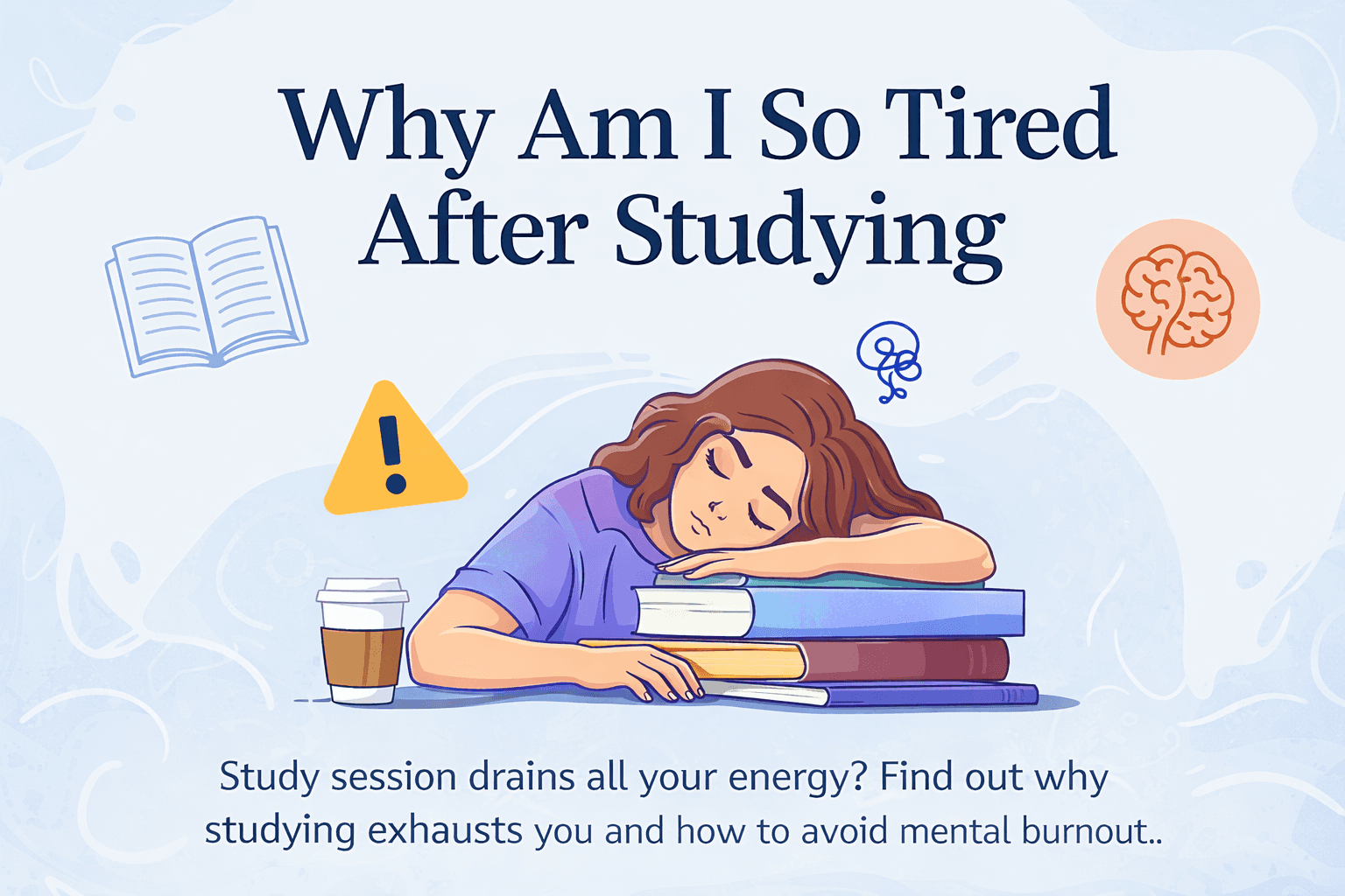 Image of a tired student study scene, Why Am I So Tired After Studying, soft green background with book, lightbulb icons.