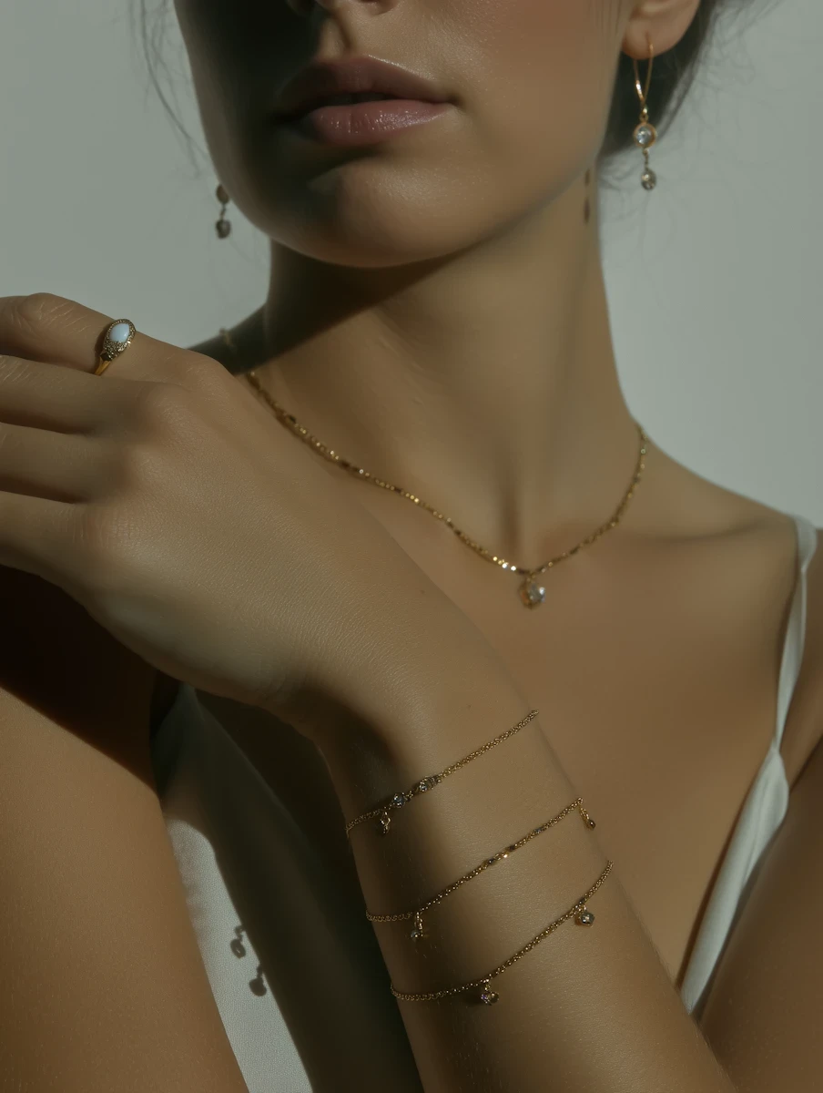 Gold ring, layered bracelet, earrings and necklace set with white stone
