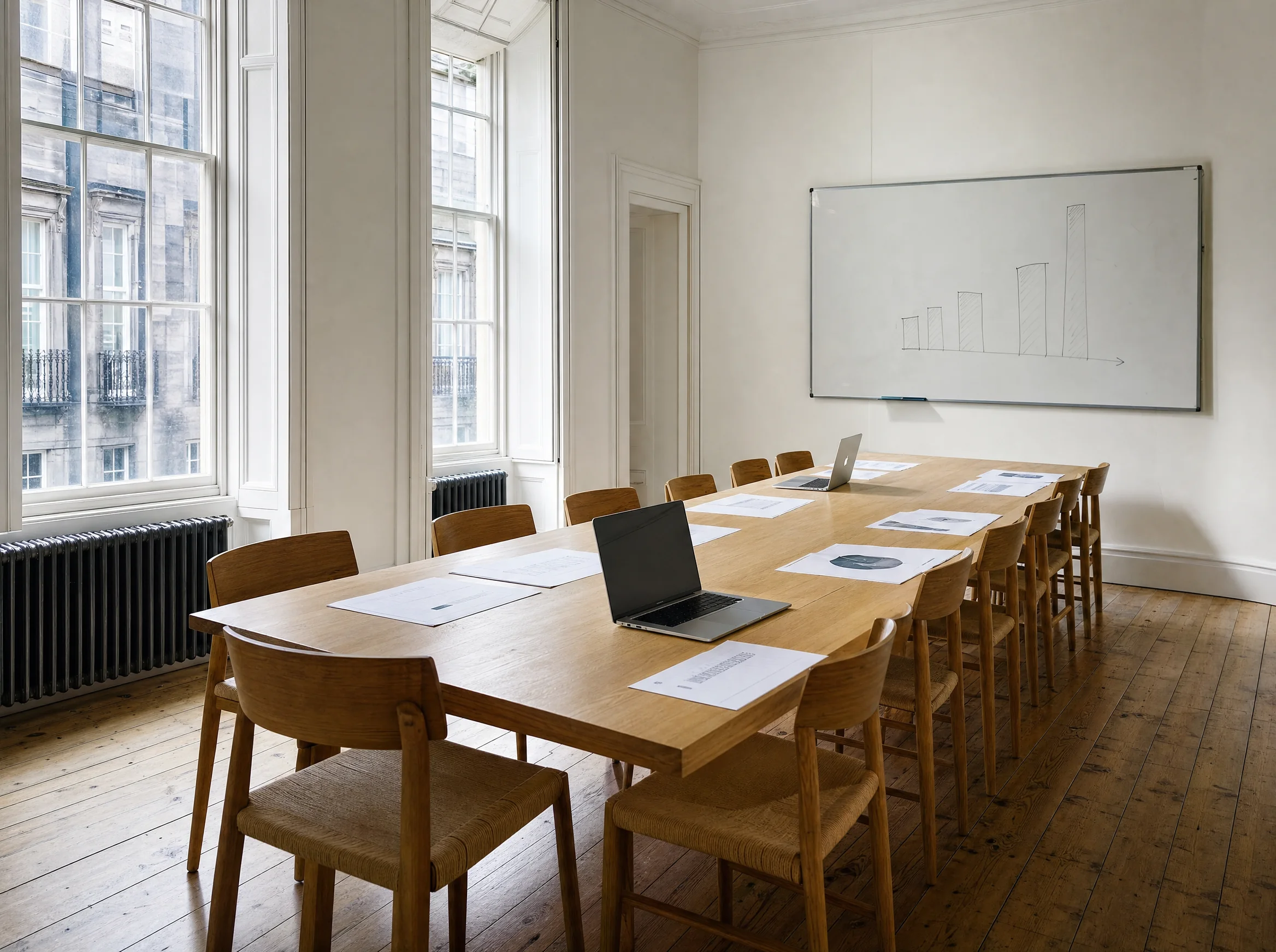 A long oak meeting table in a Georgian townhouse office with tall sash windows